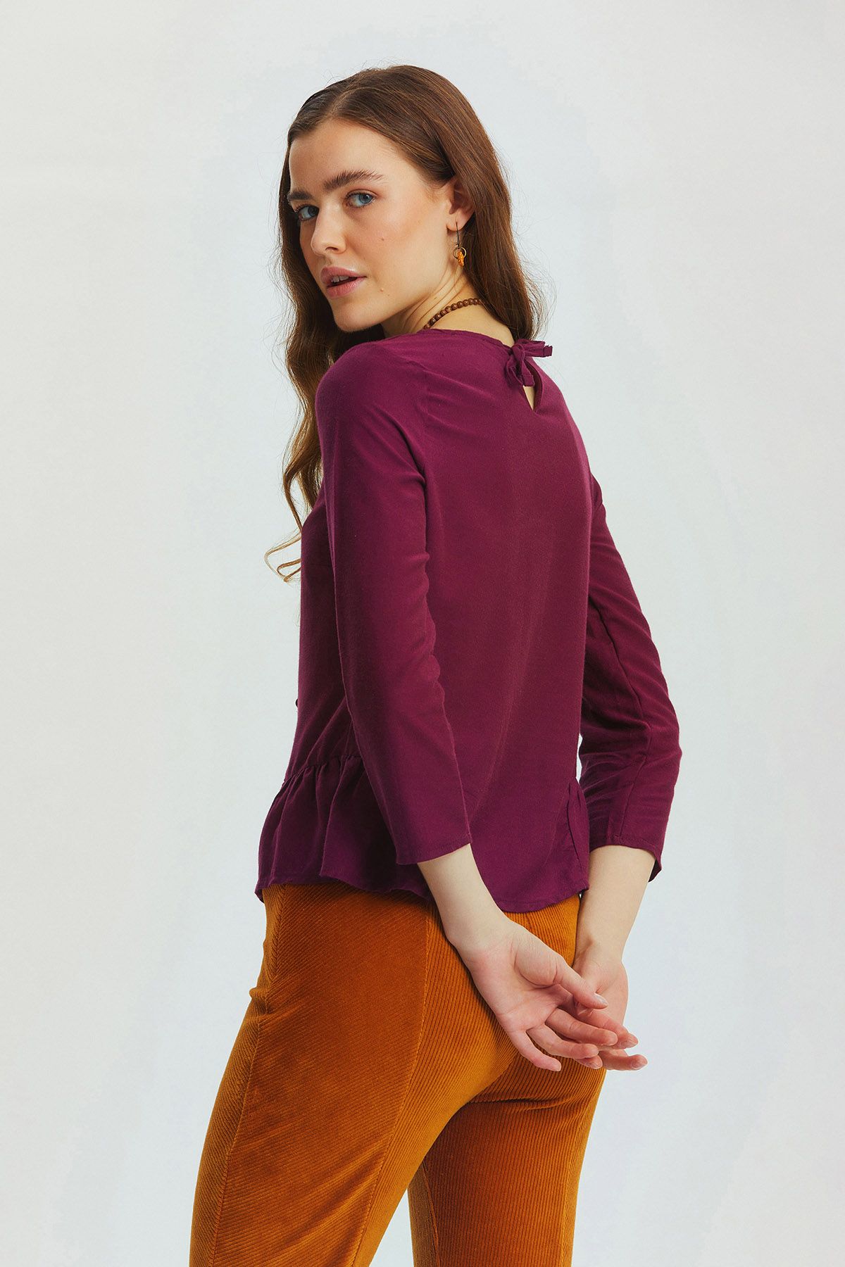 Shirring Detailed Solid Color Blouse Purple