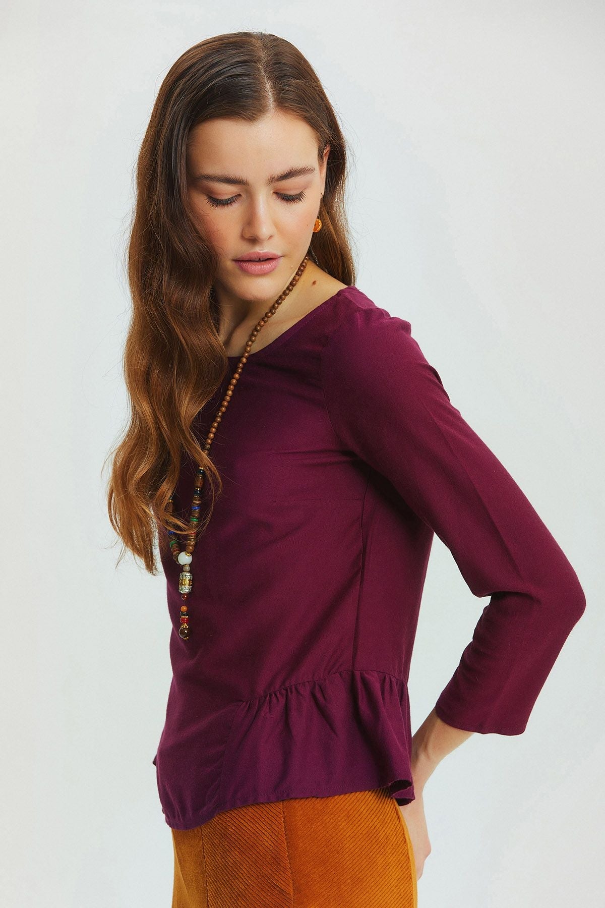 Shirring Detailed Solid Color Blouse Purple