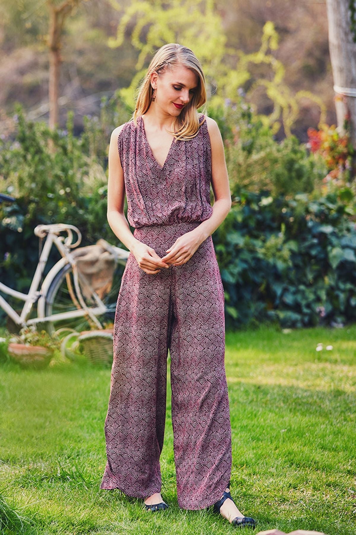 Printed Boho Jumpsuit Dark Red