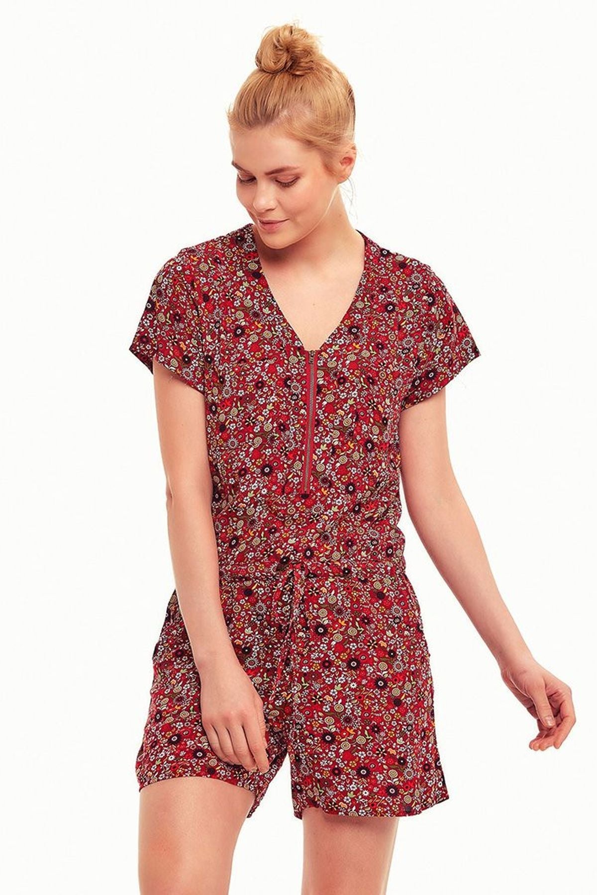 Floral Short Jumpsuit Red