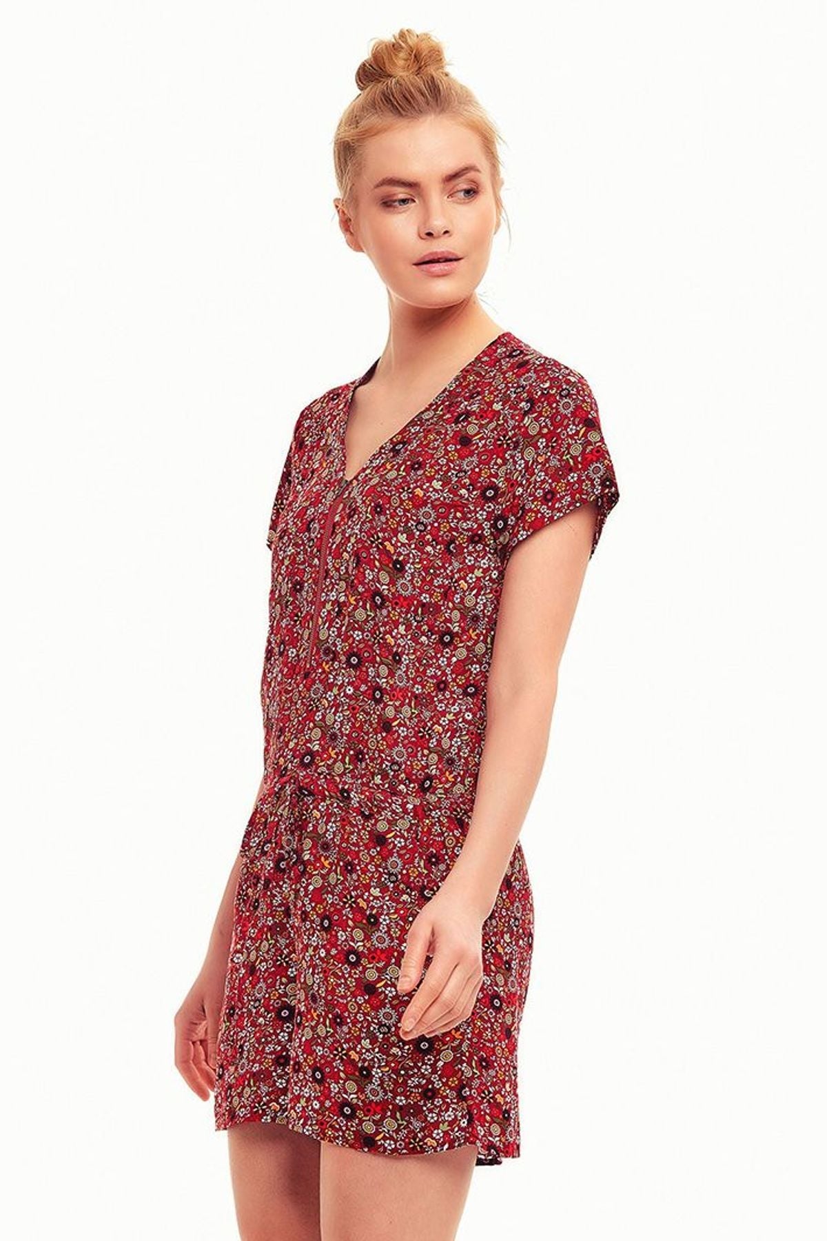 Floral Short Jumpsuit Red