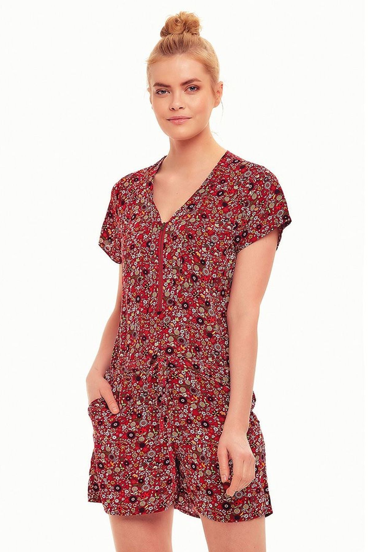 Floral Short Jumpsuit Red