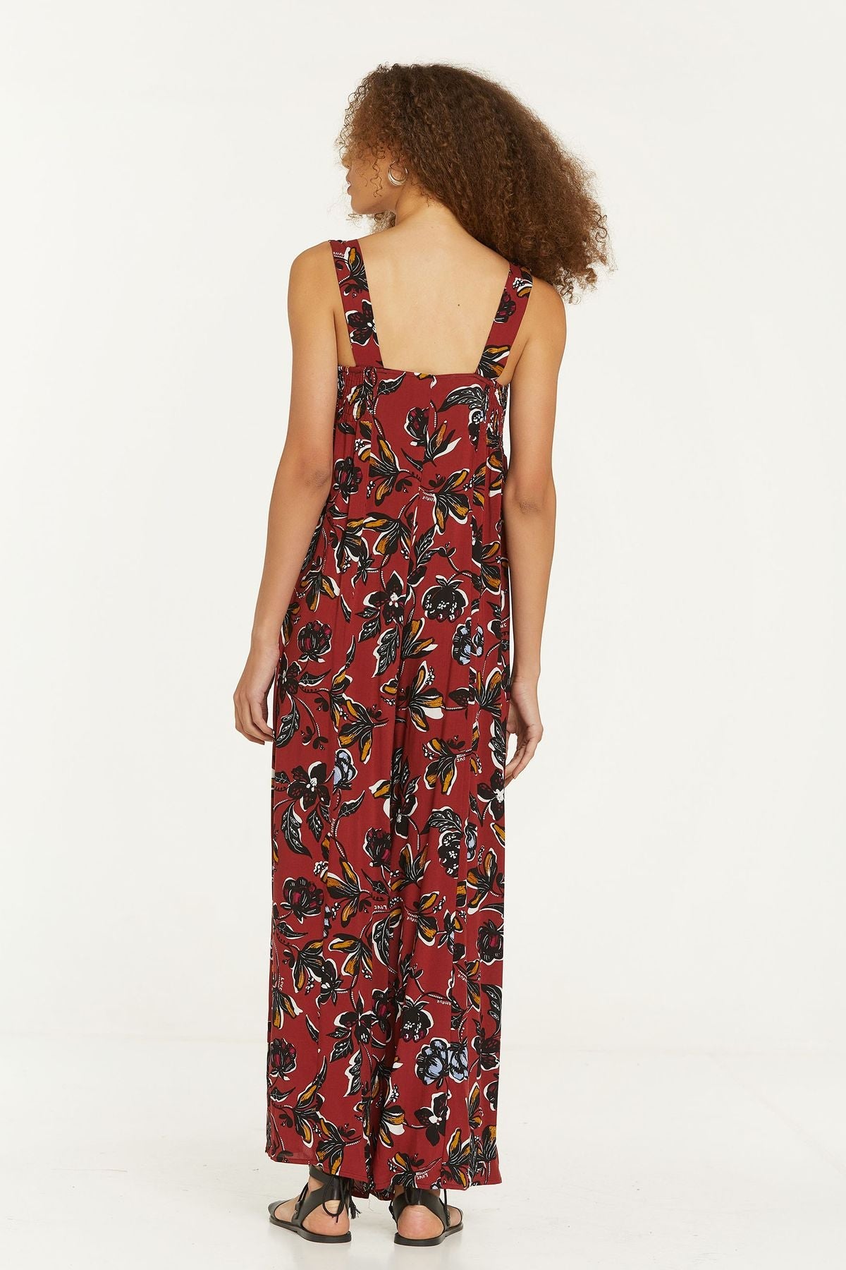 Flower Print Flowy Jumpsuit with Square Neck Red