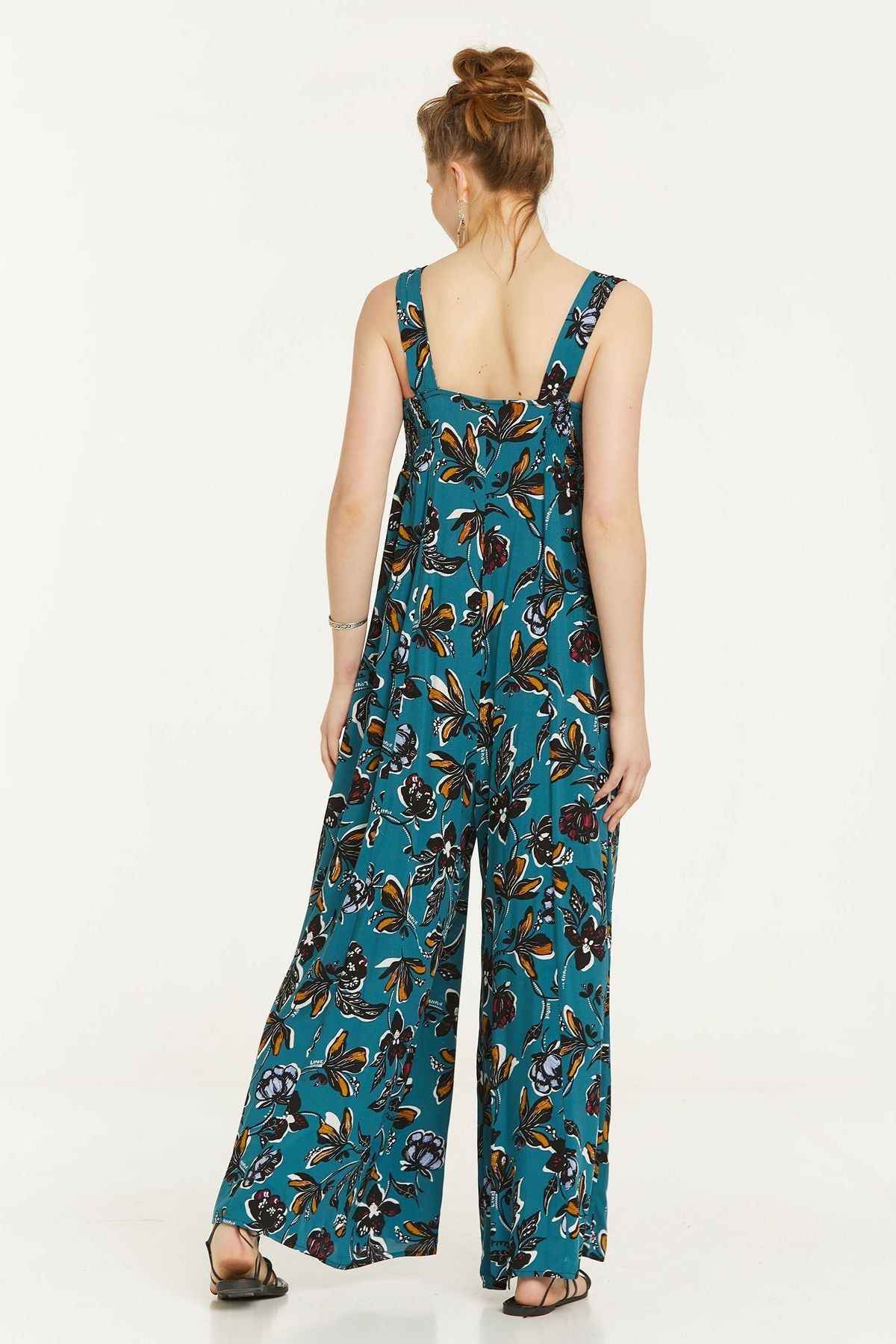 Flower Print Flowy Jumpsuit with Square Neck Turquoise