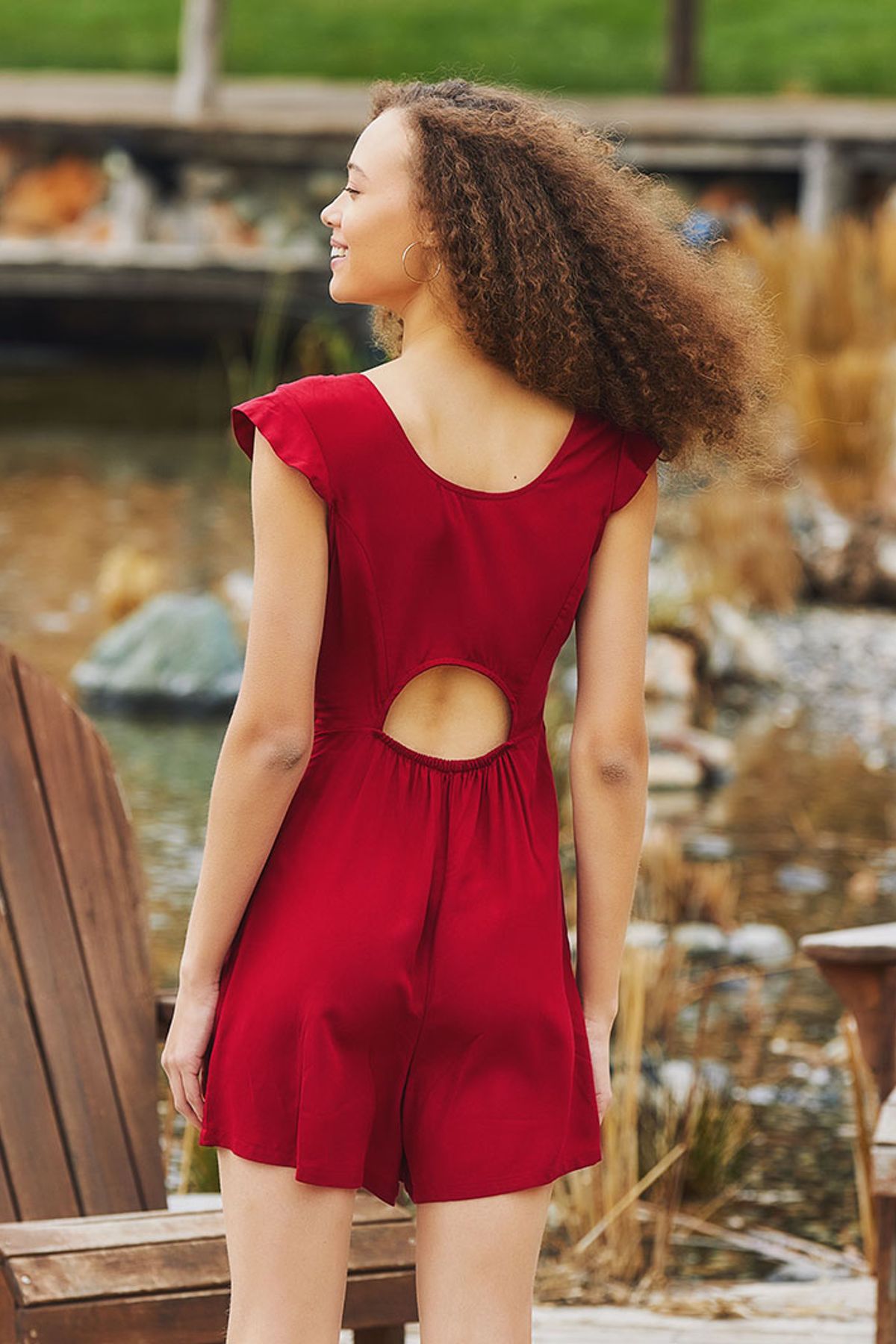 Short Boho Jumpsuit with Special Back Design Red