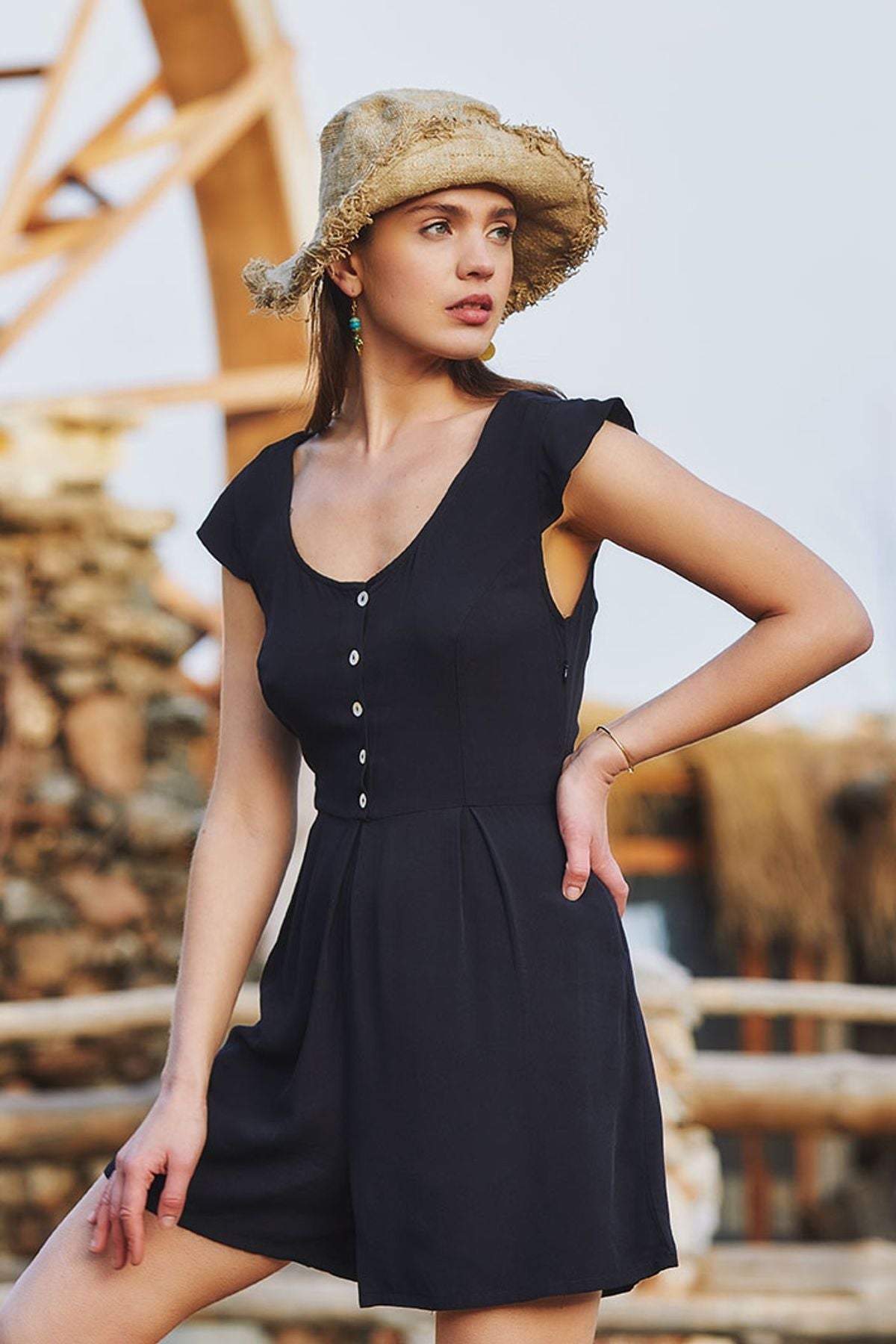 Short Boho Jumpsuit with Special Back Design Black
