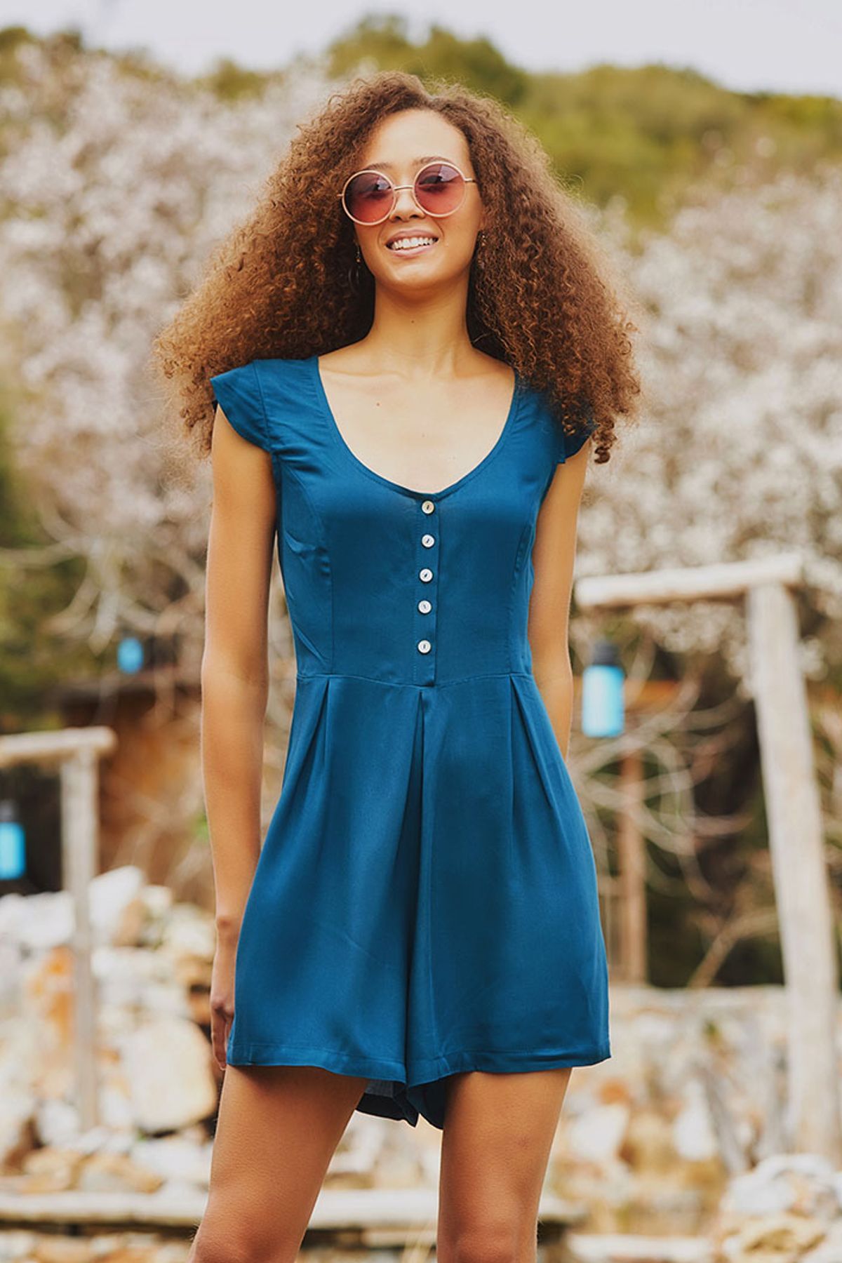Short Boho Jumpsuit with Special Back Design Turquoise