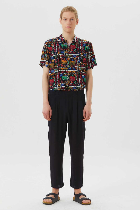Pleated Elastic Waist Men's Pants Black