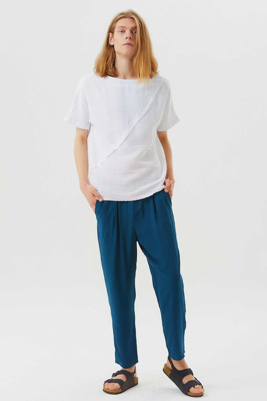 Pleated Elastic Waist Men's Pants Dark Blue