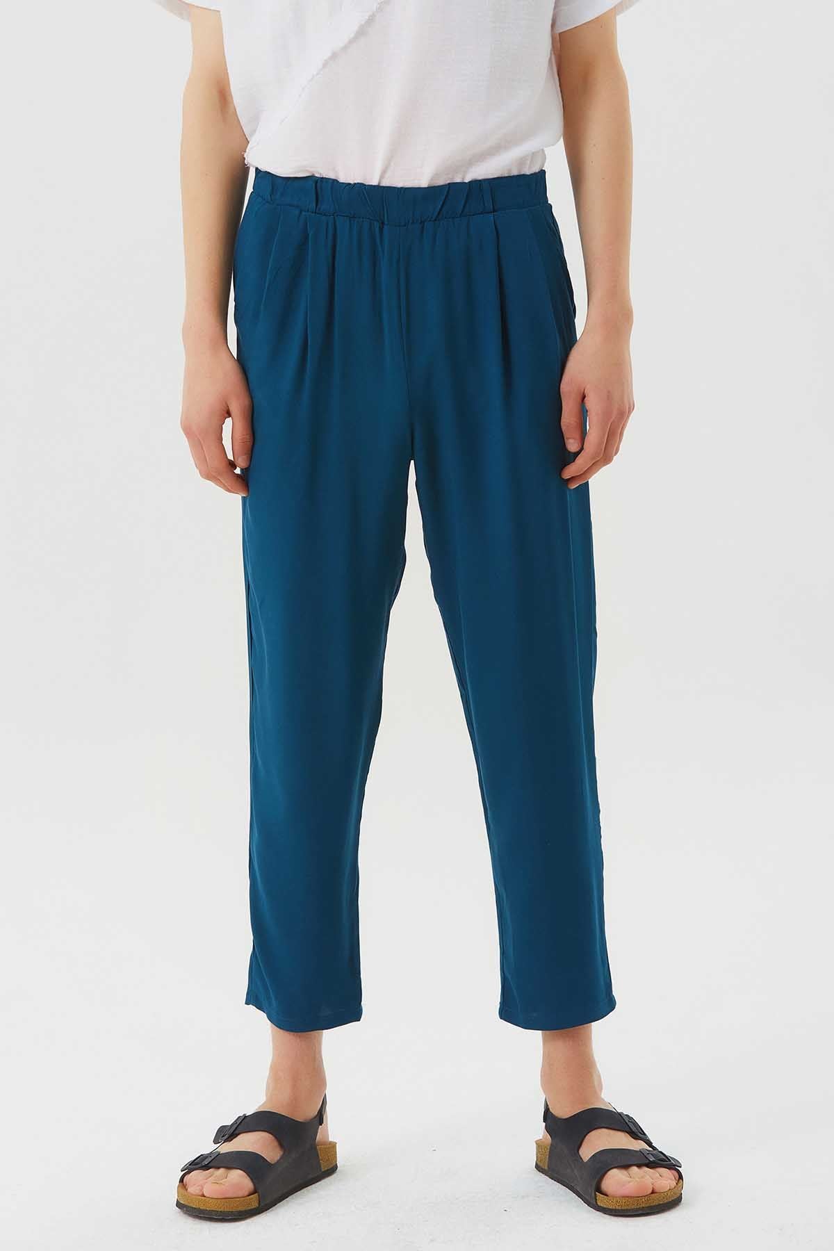 Pleated Elastic Waist Men's Pants Dark Blue