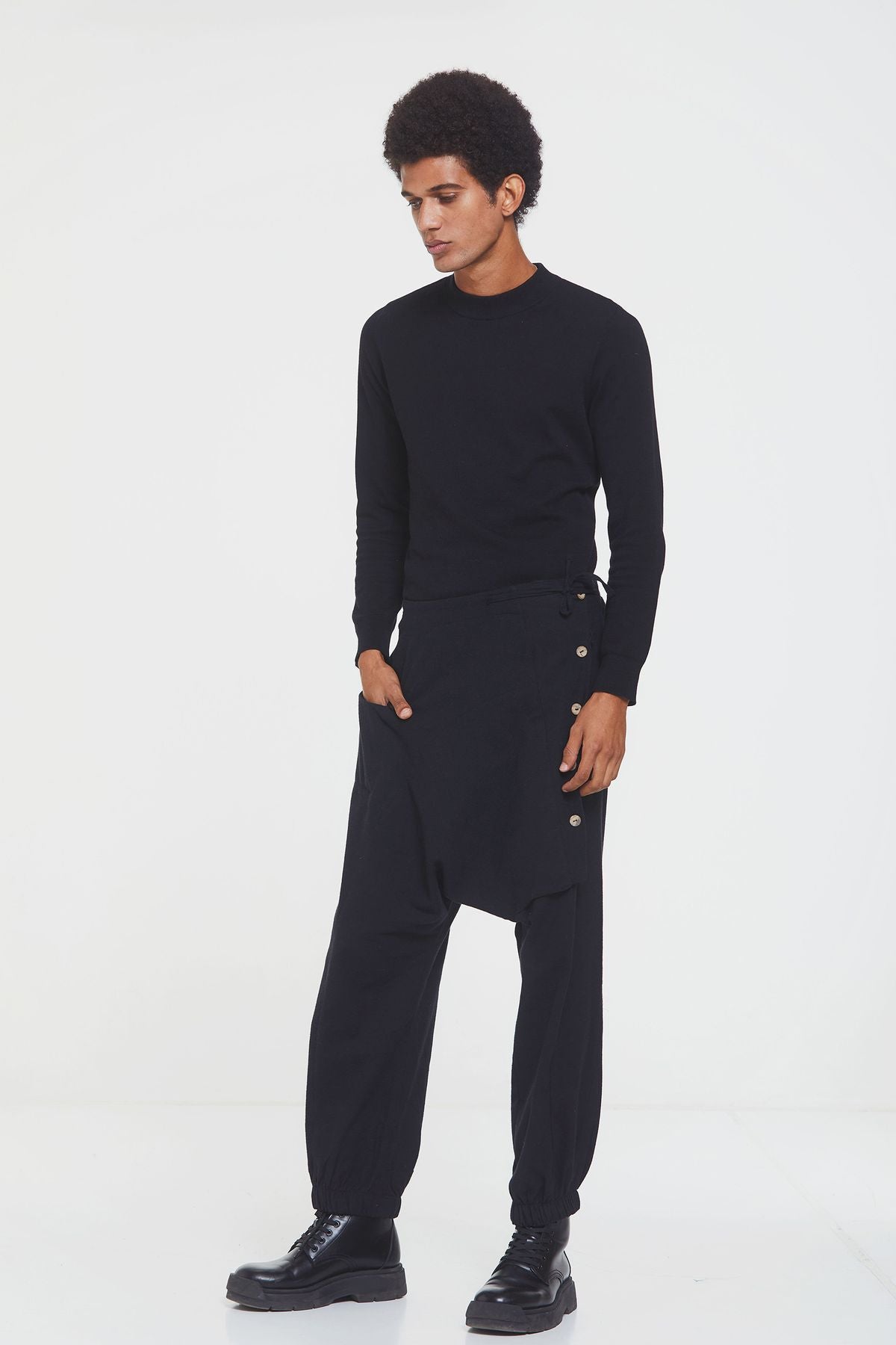 Elastic Cuff Men's Winter Harem Pants with Pocket Black