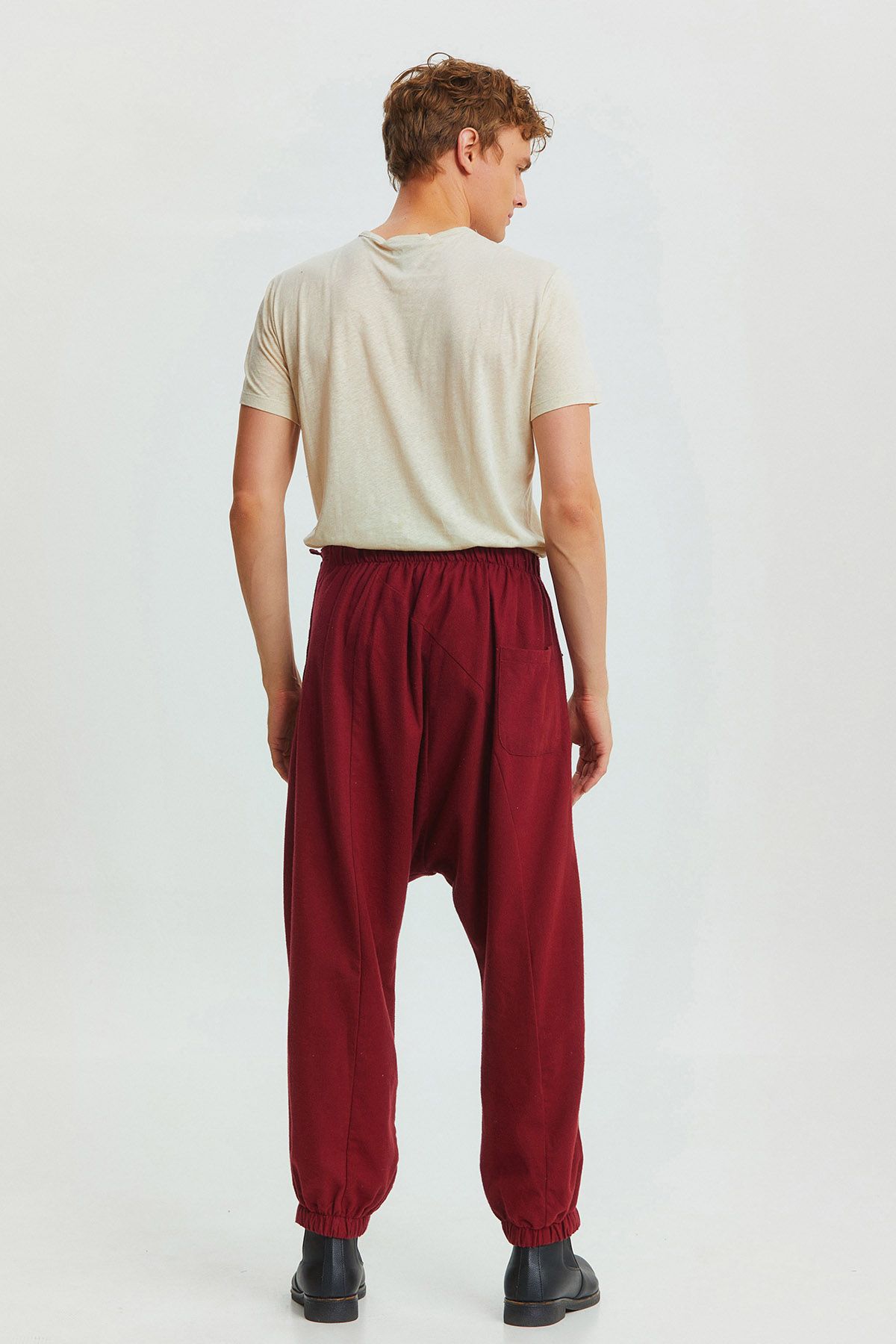 Elastic Cuff Men's Winter Harem Pants with Pocket Dark Red
