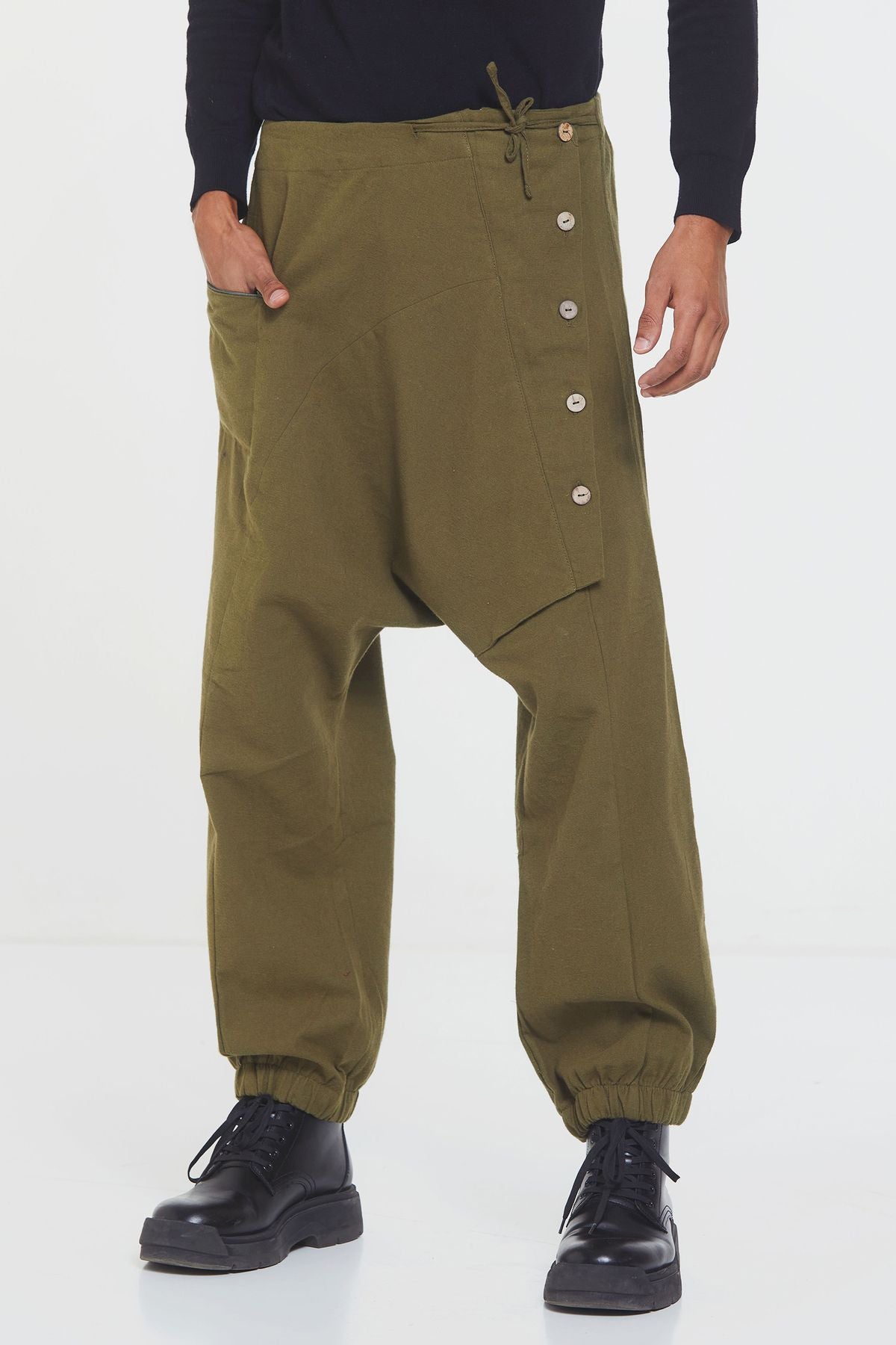 Elastic Cuff Men's Winter Harem Pants with Pocket Khaki