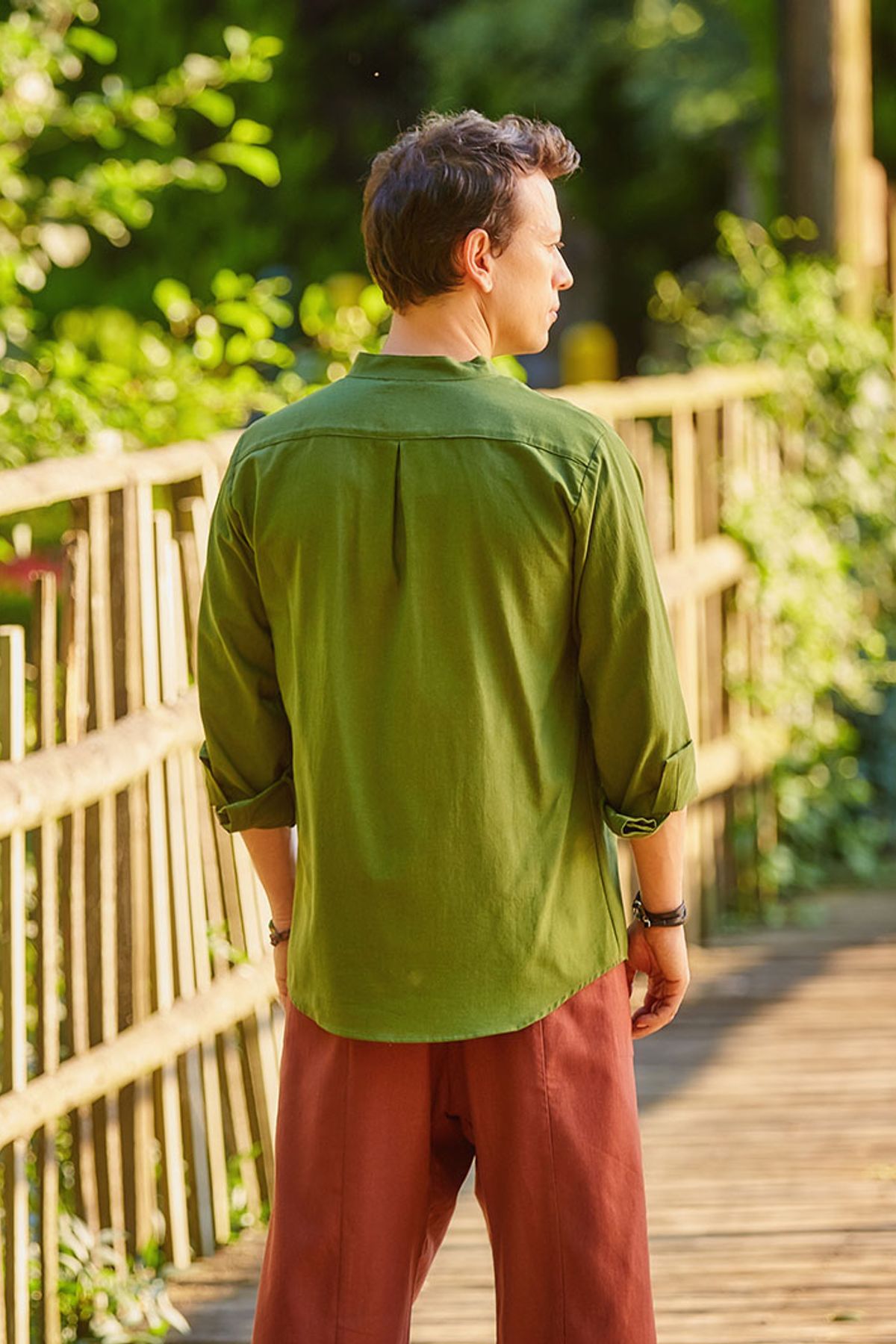 Band Collar Men's Shirt Green