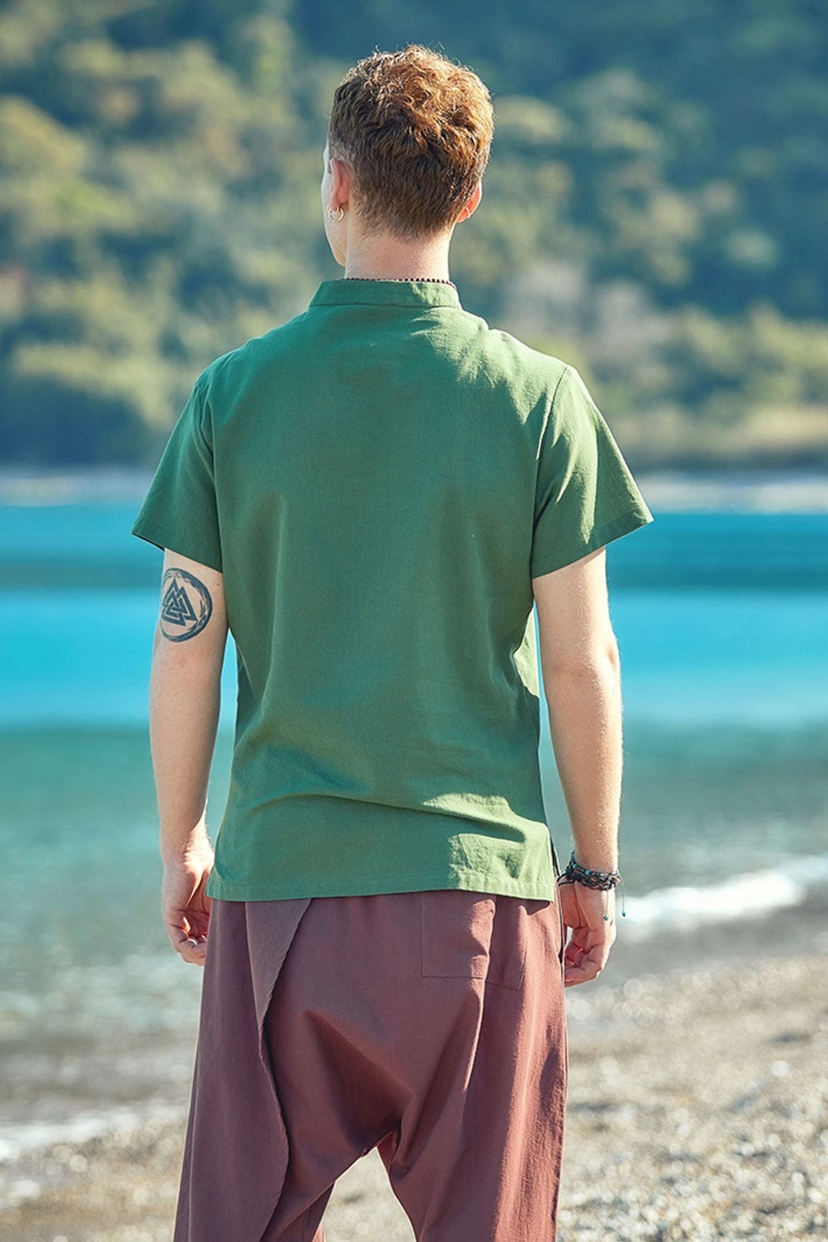 Men's Band Collar Short Sleeve Hippie Shirt Green