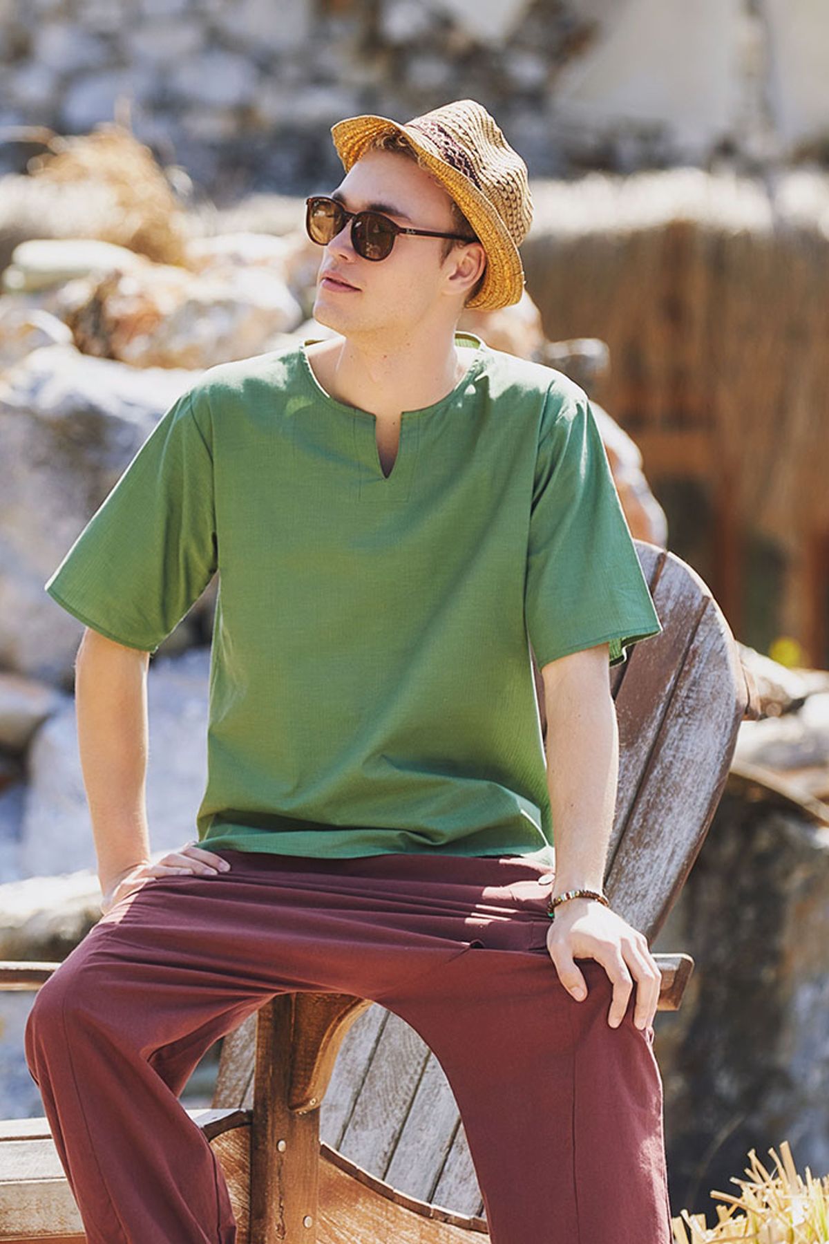 Men's Short Sleeve Boho Hippie Shirt Green