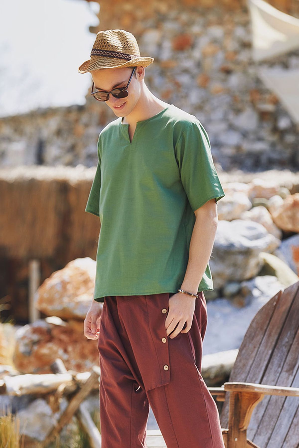 Men's Short Sleeve Boho Hippie Shirt Green