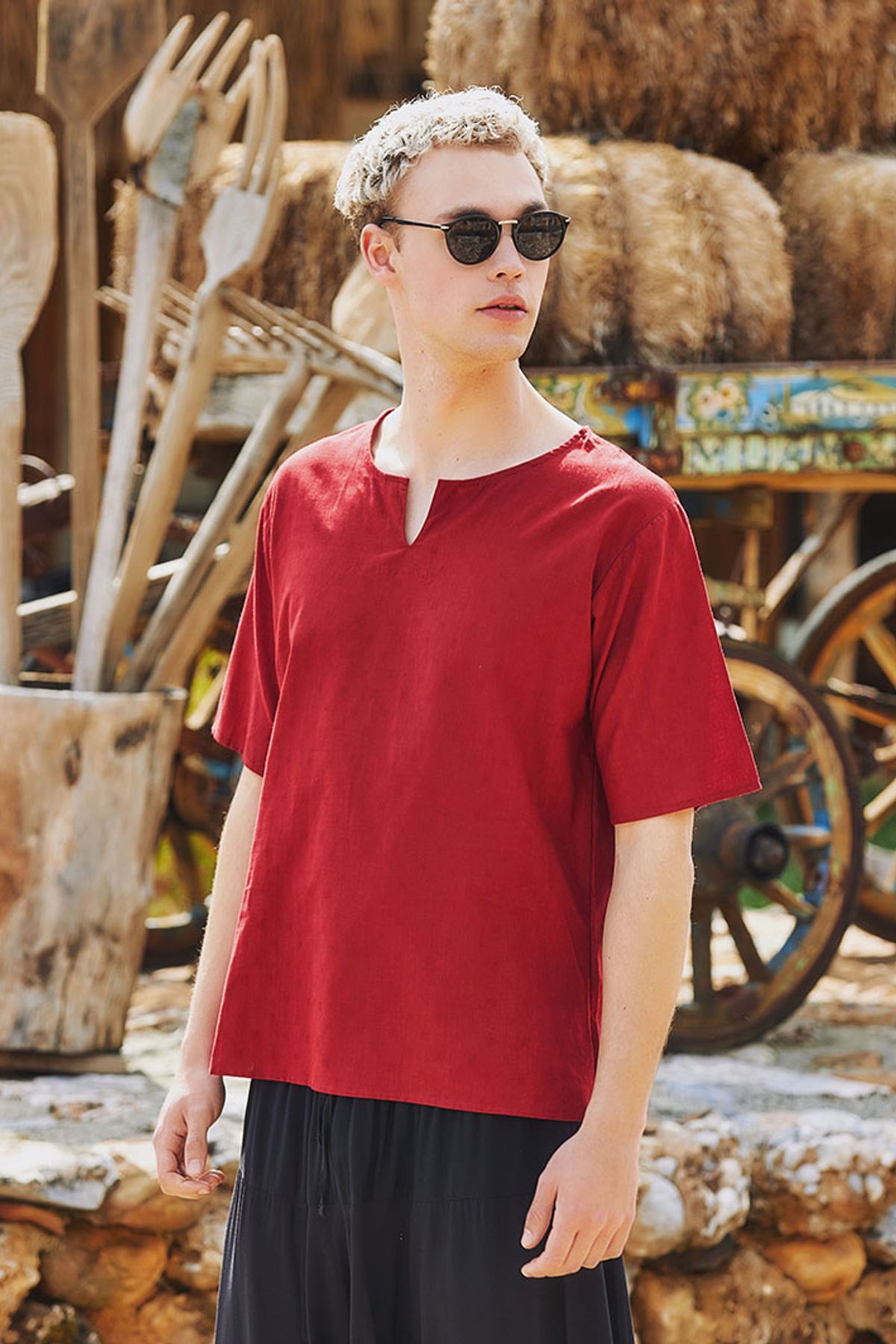 Men's Short Sleeve Boho Hippie Shirt Dark Red
