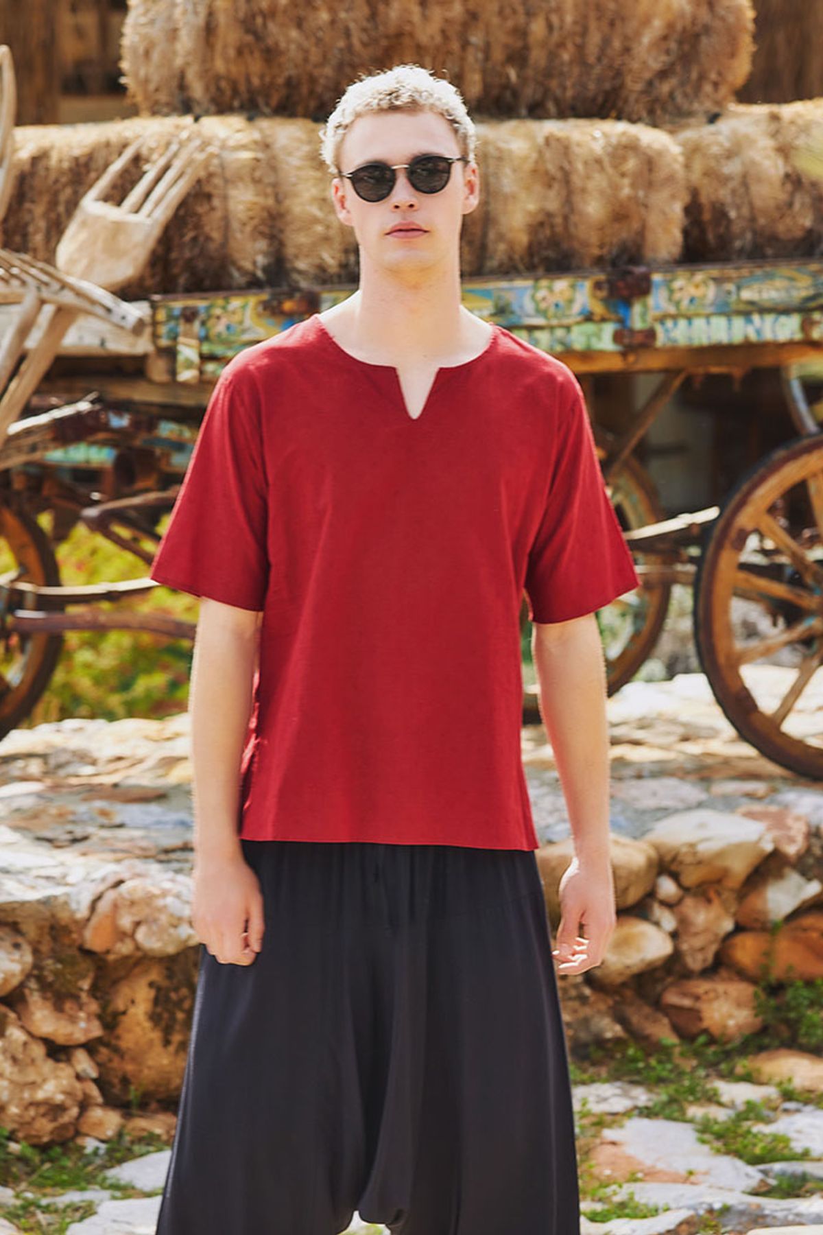 Men's Short Sleeve Boho Hippie Shirt Dark Red