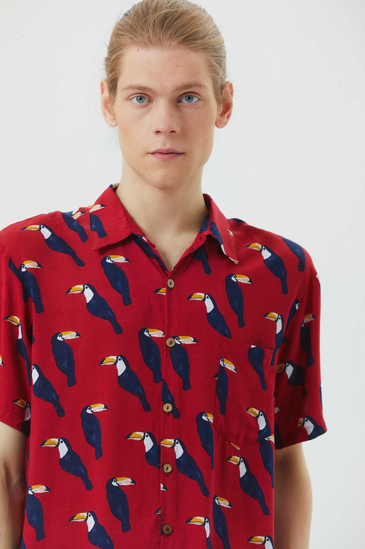 Printed Short Sleeve Men's Shirt Red