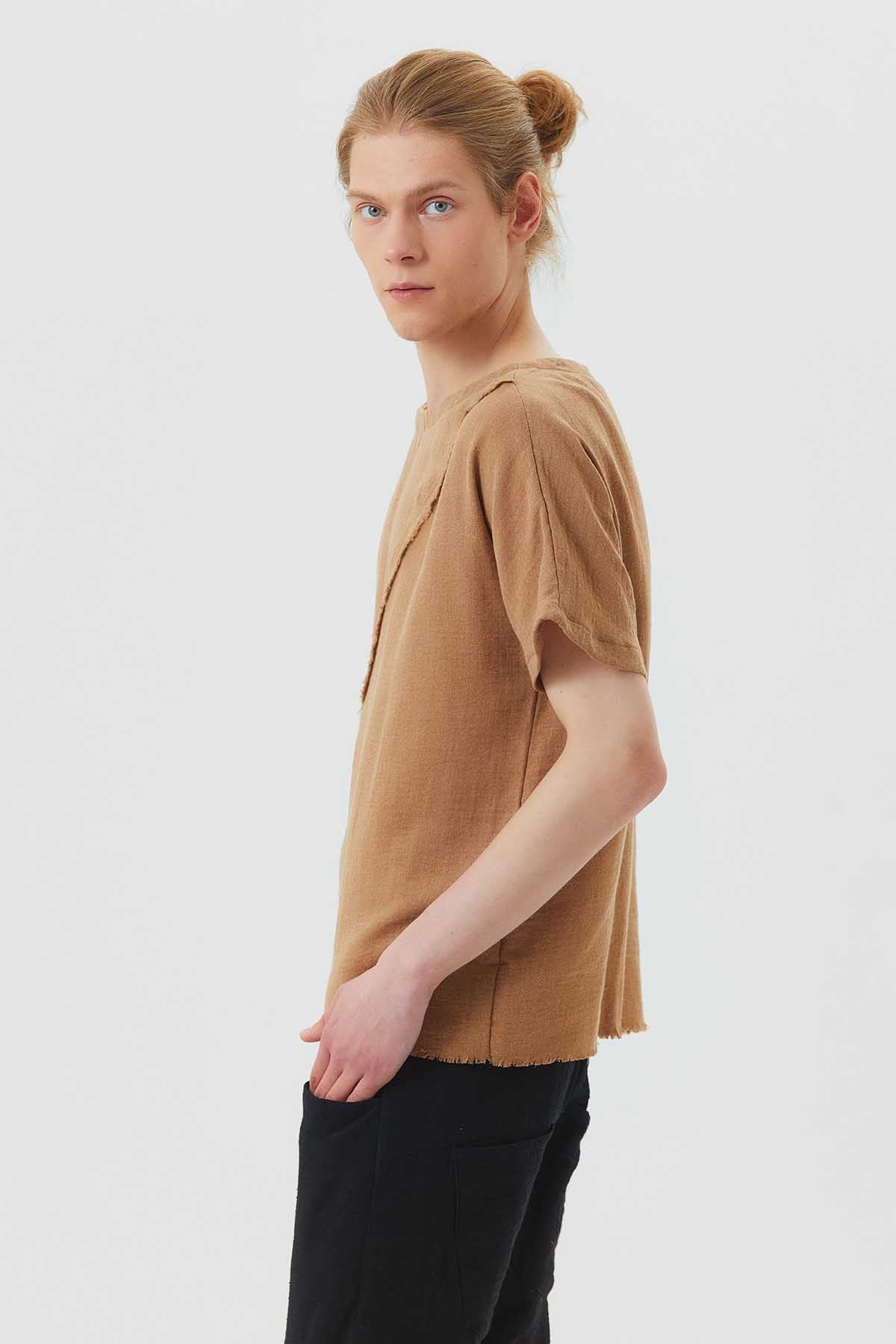 Boat Neck Short Sleeve Booth Men's Shirt Brown