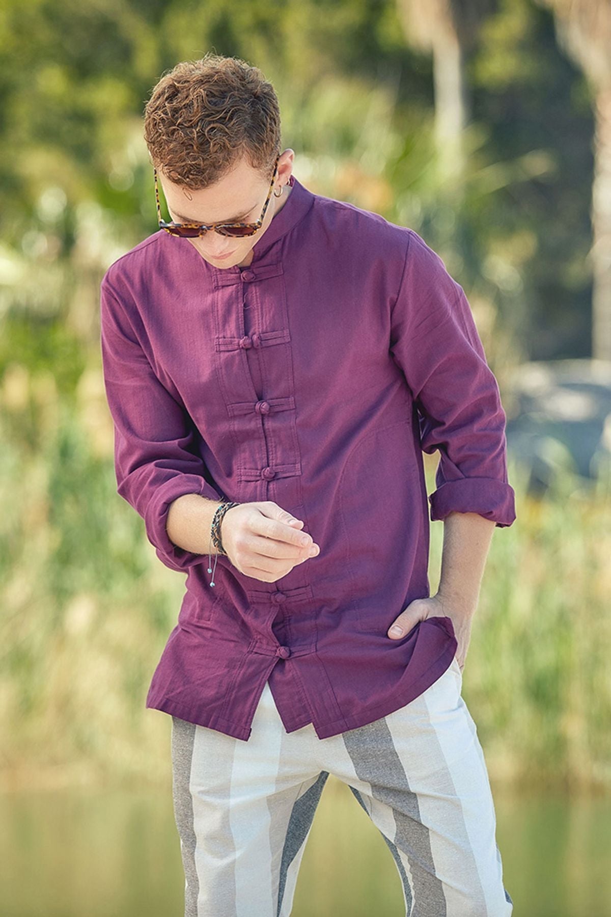 Knot Button Men's Shirt Purple