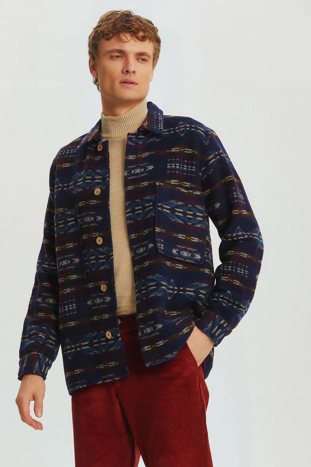 Ethnic Patterned Winter Men's Shirt Dark Blue