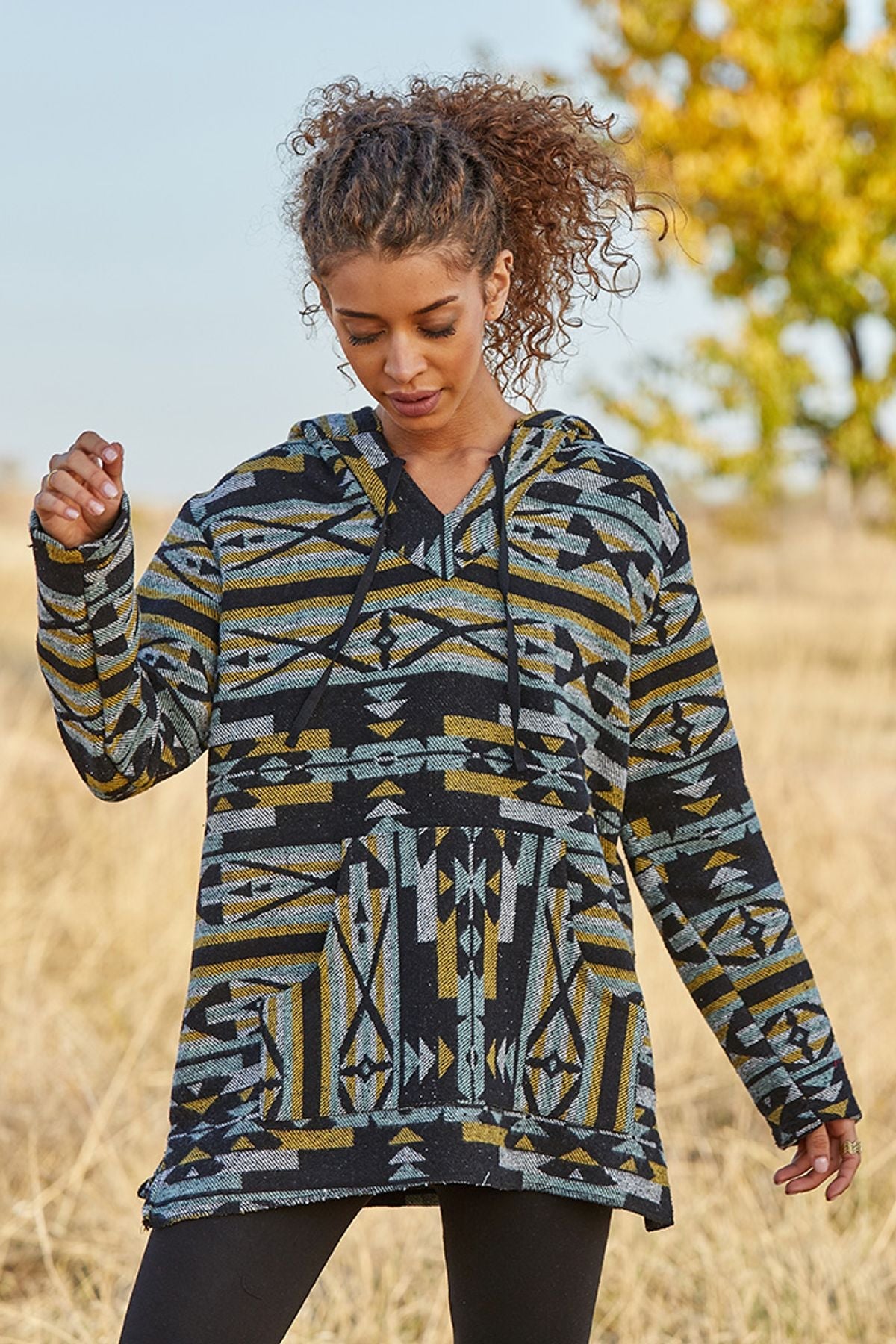 Ethnic Patterned Pullover for Women Black - Yellow