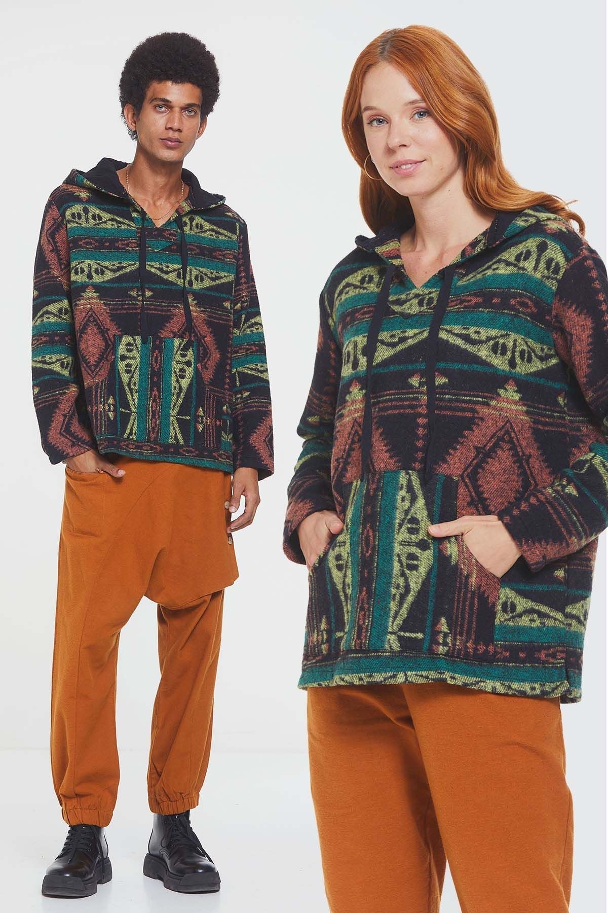 Ethnic Patterned Striped Unisex Pullover Green