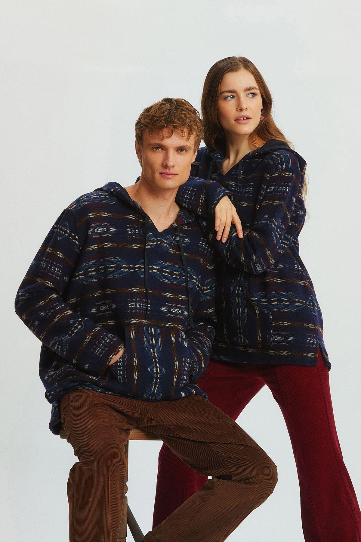 Ethnic Patterned Striped Unisex Pullover Dark Blue