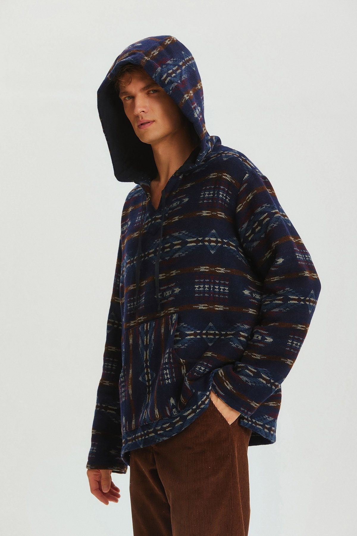 Ethnic Patterned Striped Unisex Pullover Dark Blue