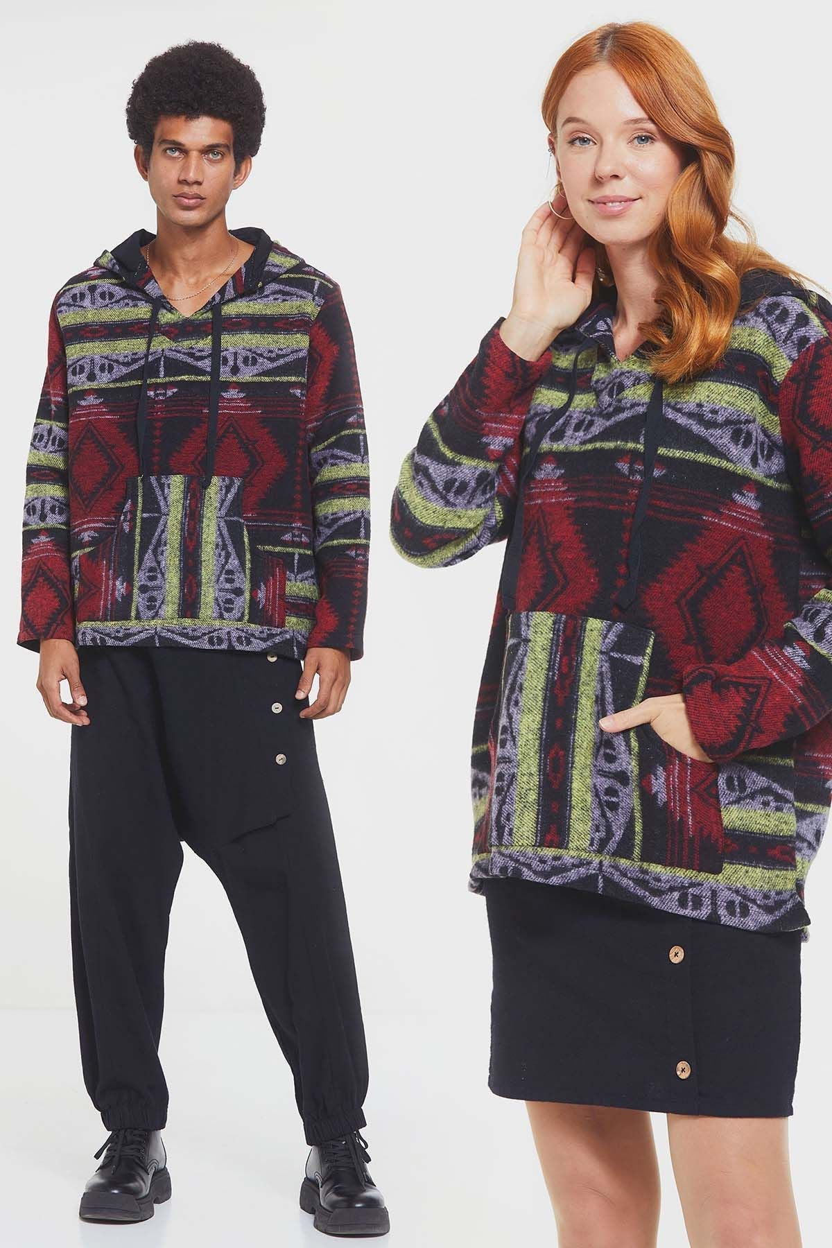 Ethnic Patterned Striped Unisex Pullover Dark Red