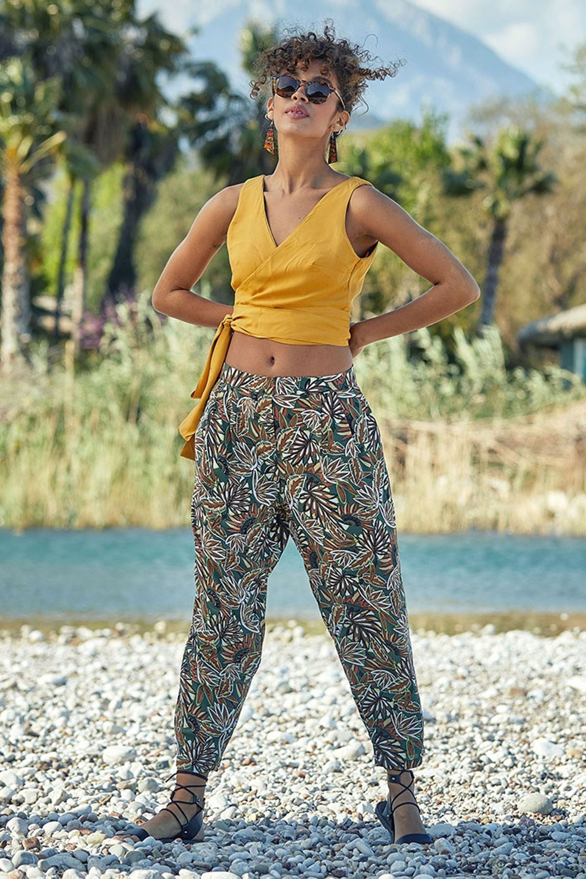 Printed High Waist Women's Carrot Pants Khaki