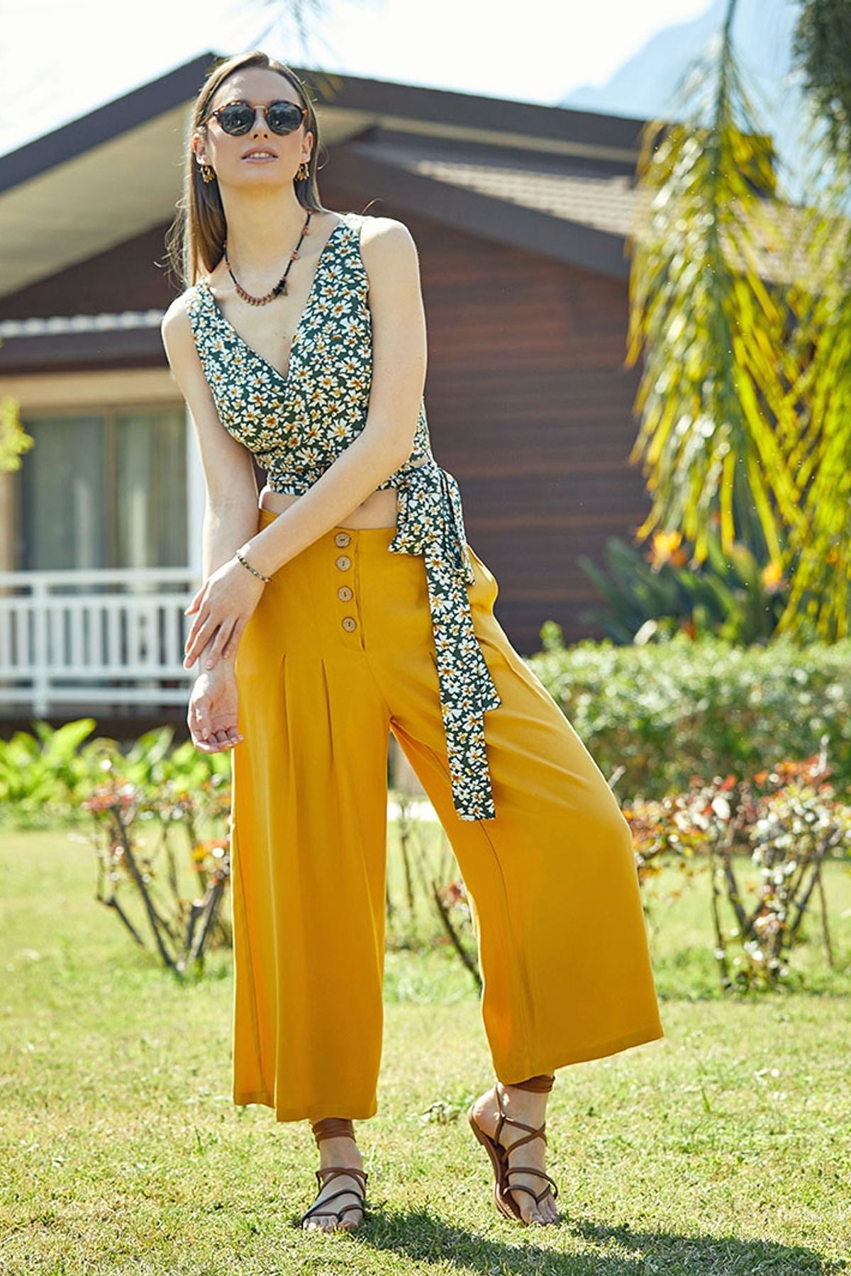 Pleated Culottes for Women Yellow