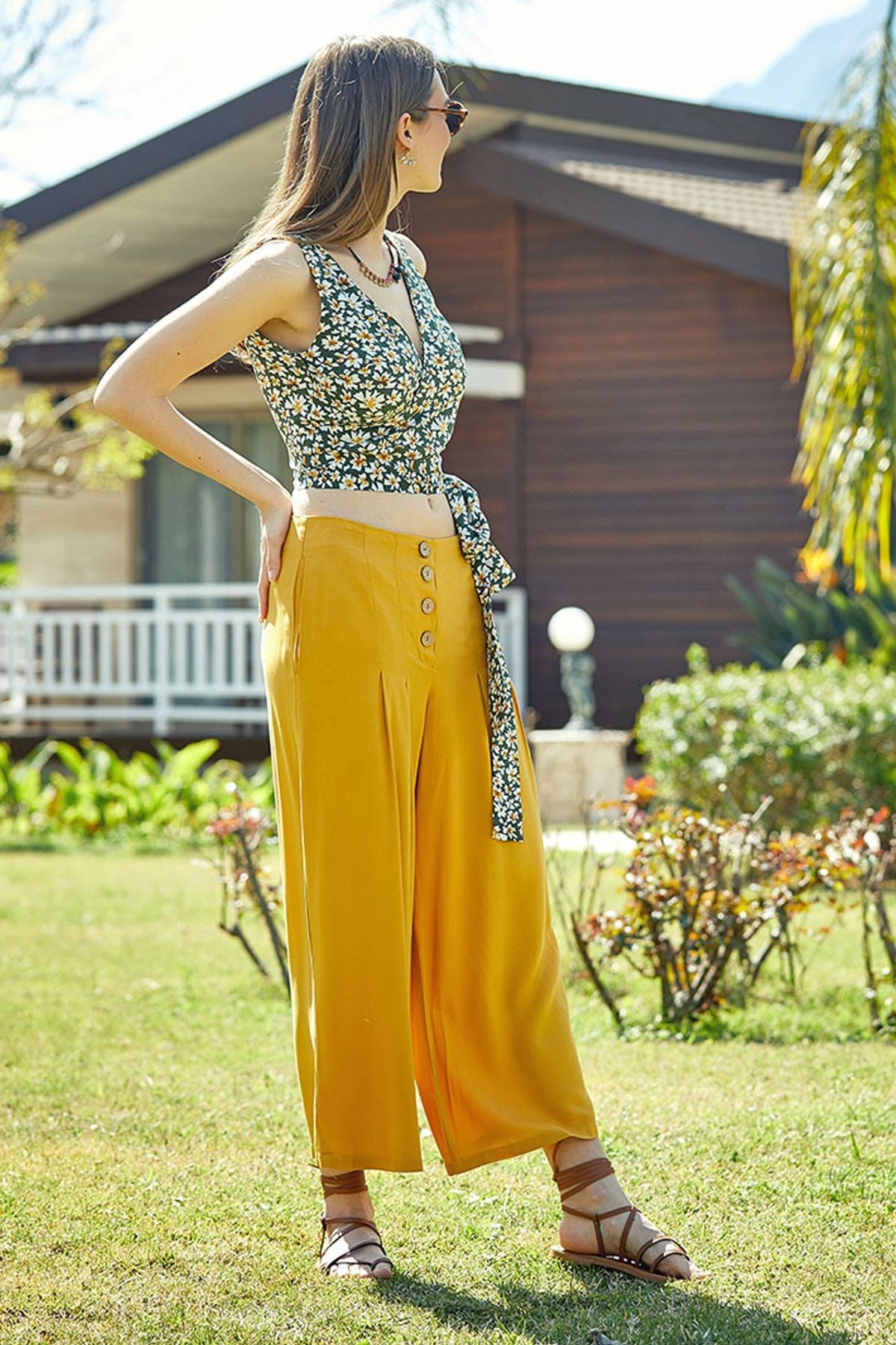 Pleated Culottes for Women Yellow