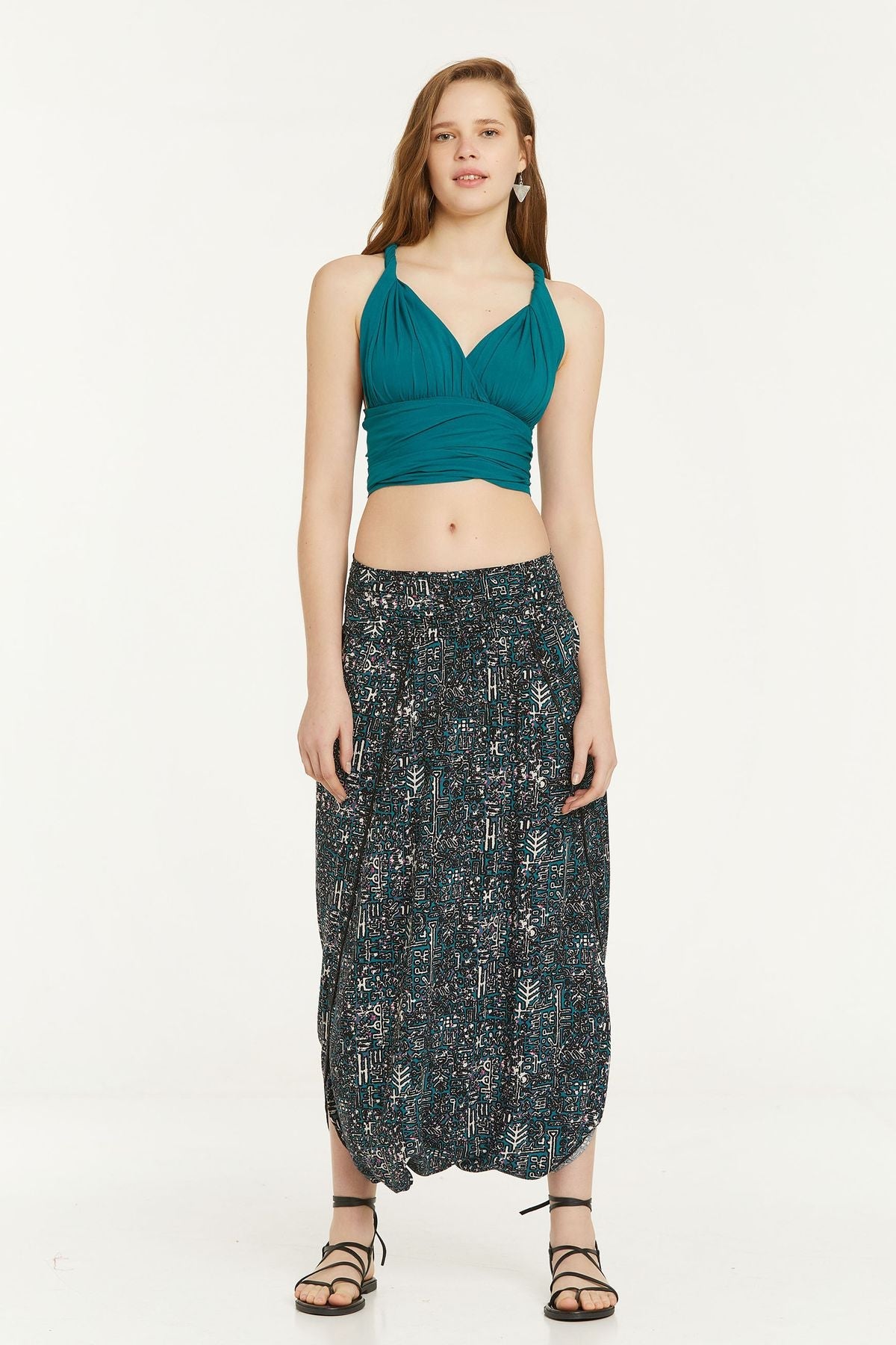 Elastic Waist Oriental Print Skirt Pants Turquoise