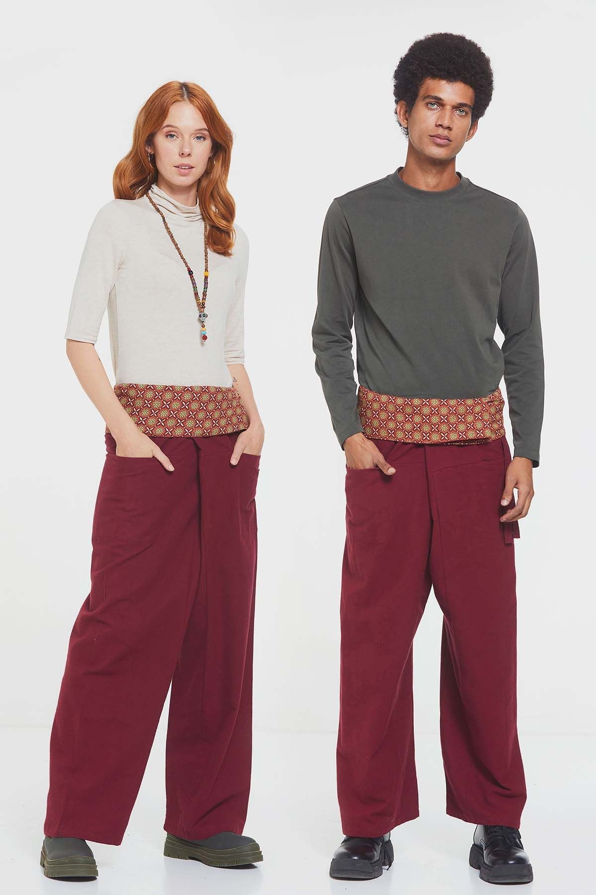 Unisex Warm Thai Fisherman Pants Dark Red