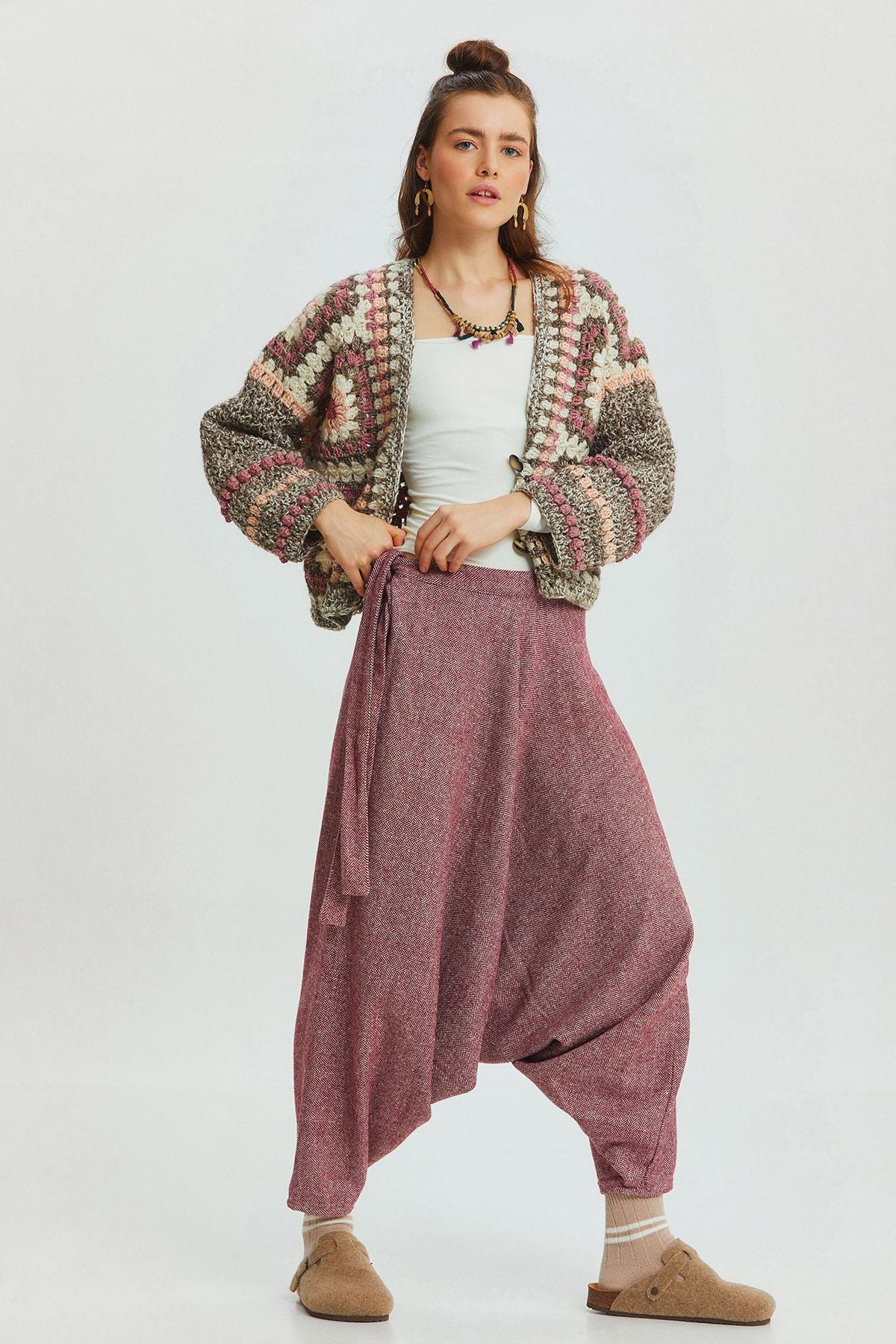 Winter Boho Harem Pants Red