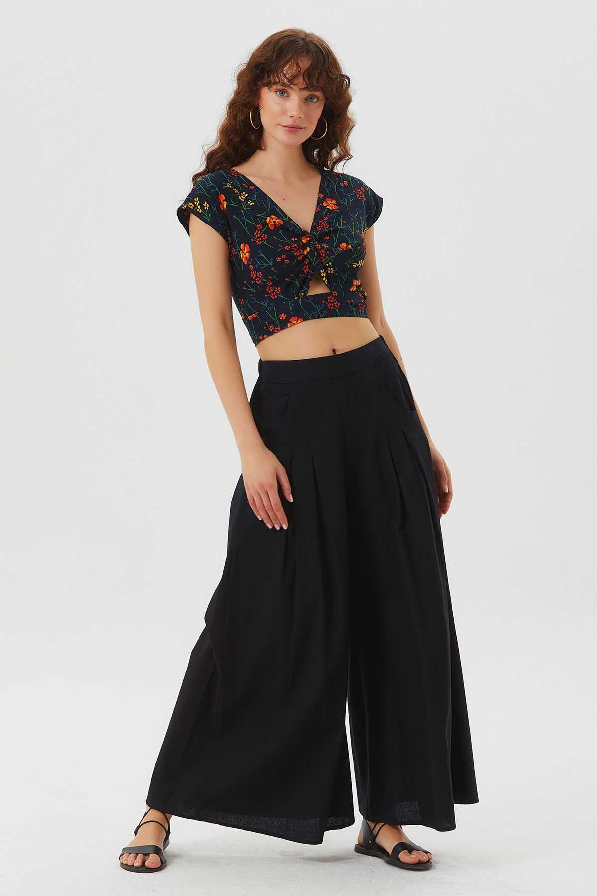 Bohemian Cotton Summer Pants with Elastic Waist Black