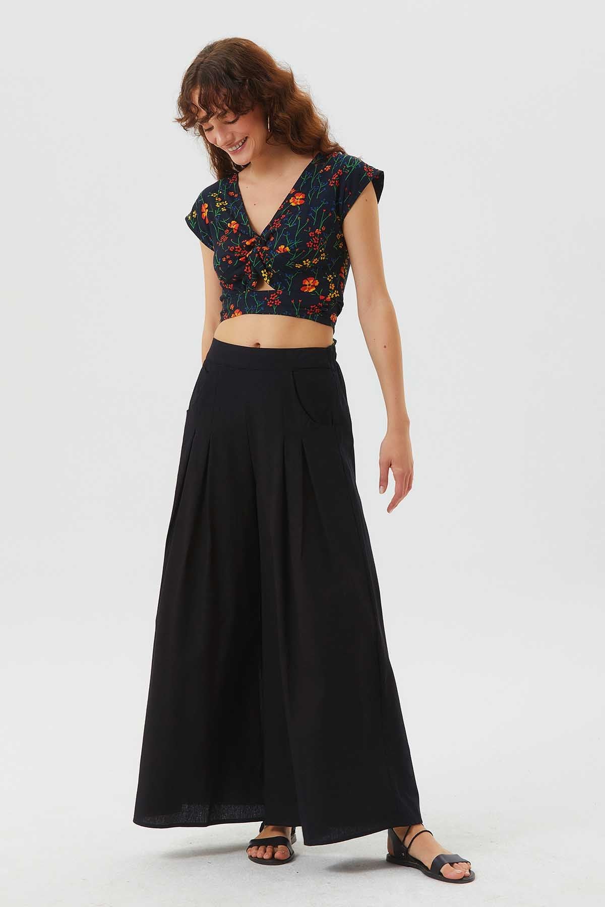 Bohemian Cotton Summer Pants with Elastic Waist Black