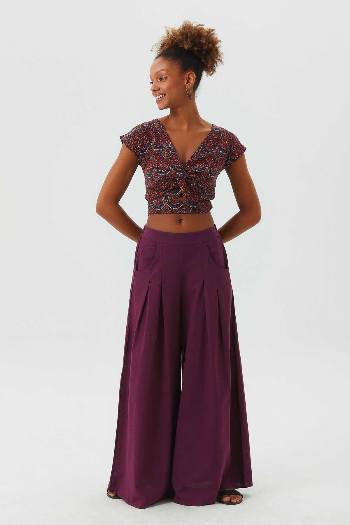 Bohemian Cotton Summer Pants with Elastic Waist Purple