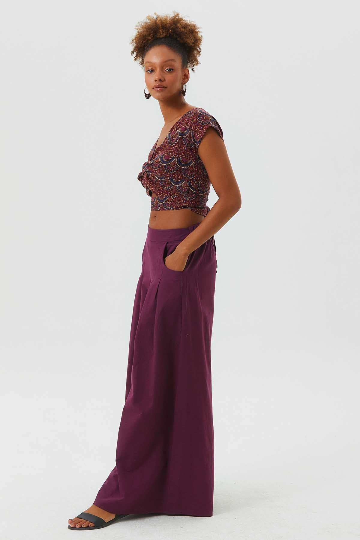 Bohemian Cotton Summer Pants with Elastic Waist Purple