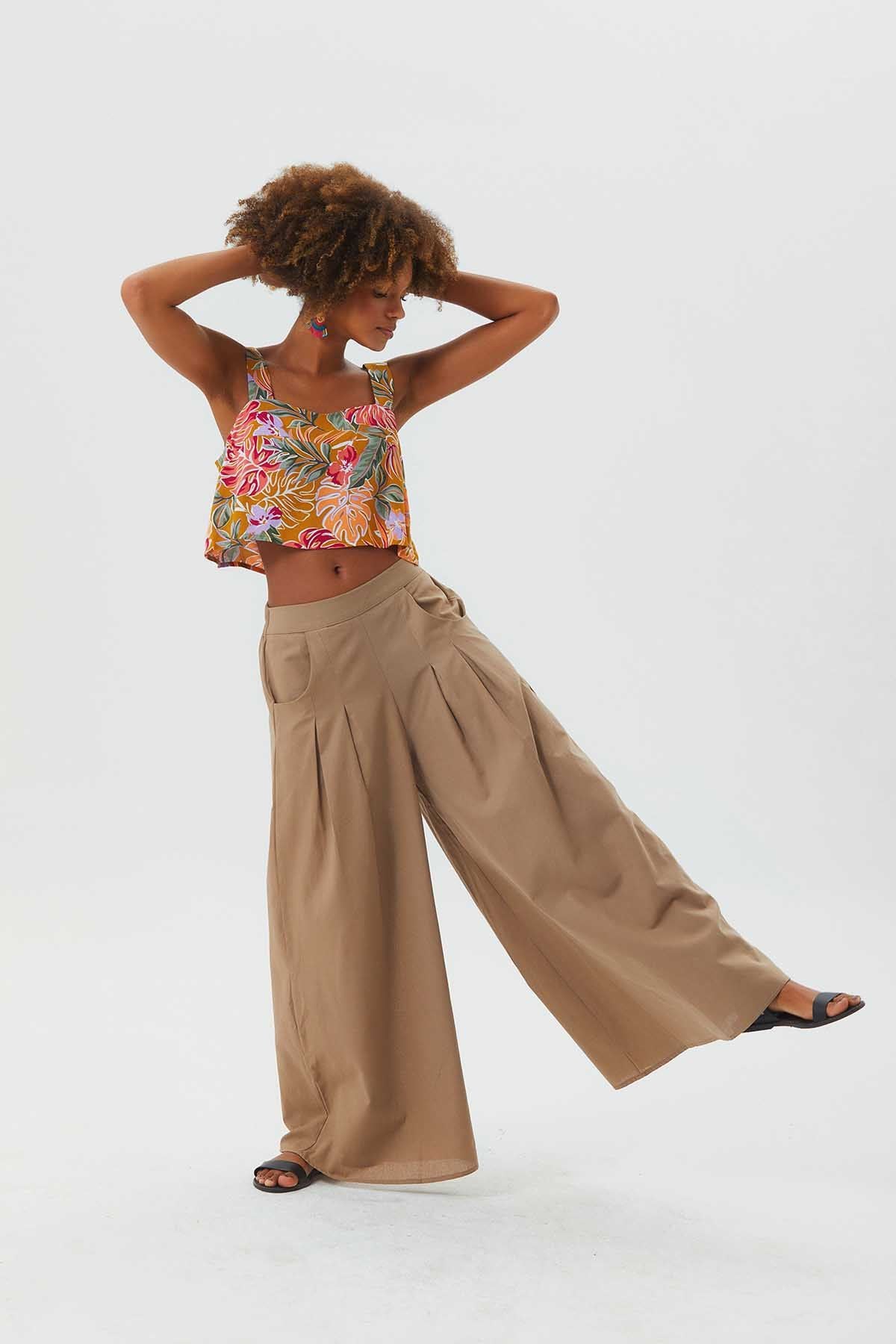 Bohemian Cotton Summer Pants with Elastic Waist Beige