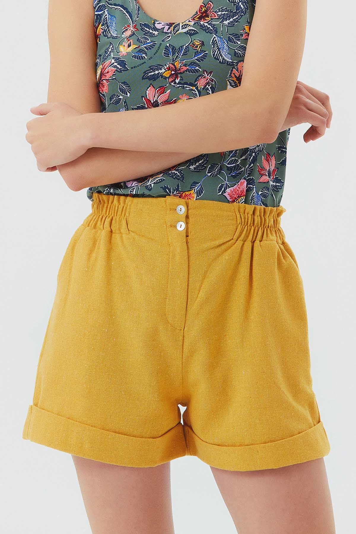 Elastic Side Cotton Women's Shorts Yellow