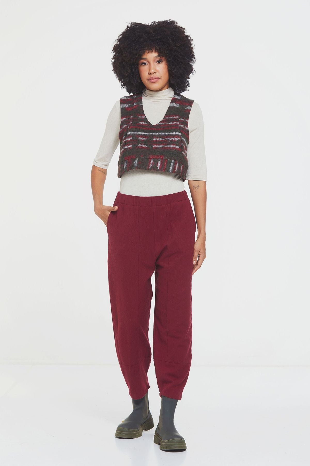 Loose Fit Women's Boho Pants with Elastic Waist Dark Red