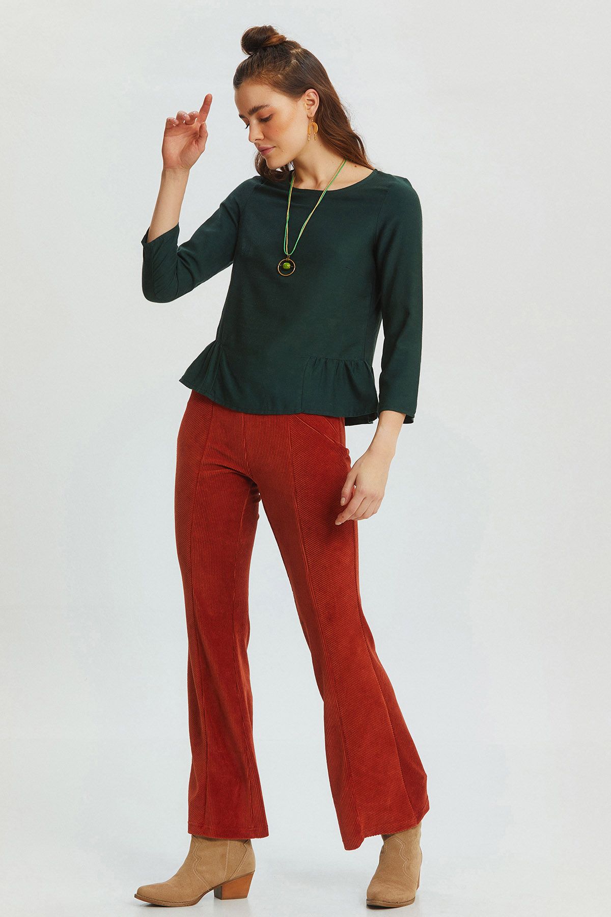 Flared Leg Knit Corduroy Women's Trousers Burnt Orange