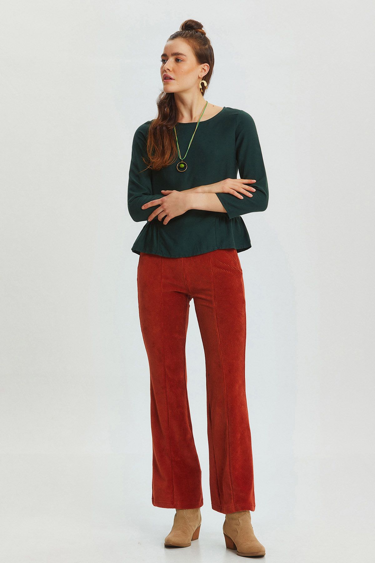 Flared Leg Knit Corduroy Women's Trousers Burnt Orange