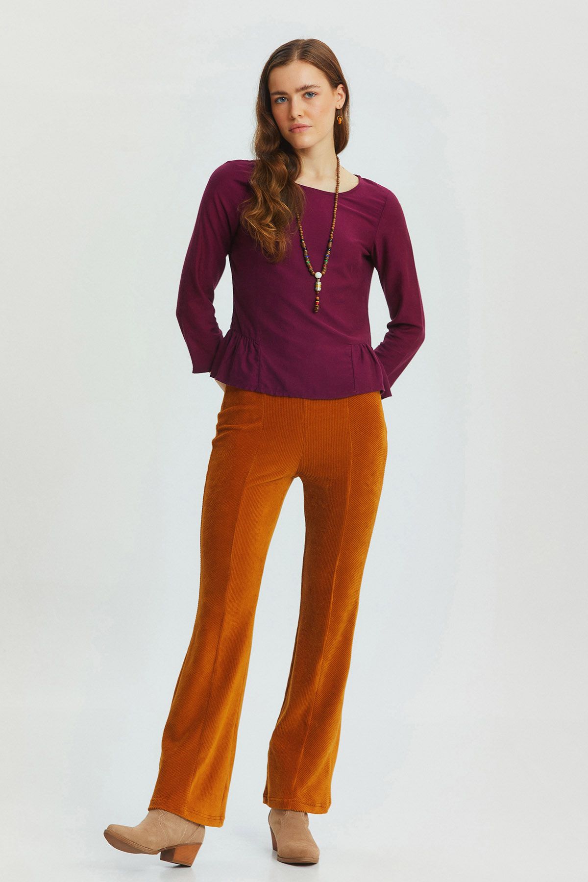 Flared Leg Knit Corduroy Women's Trousers Camel