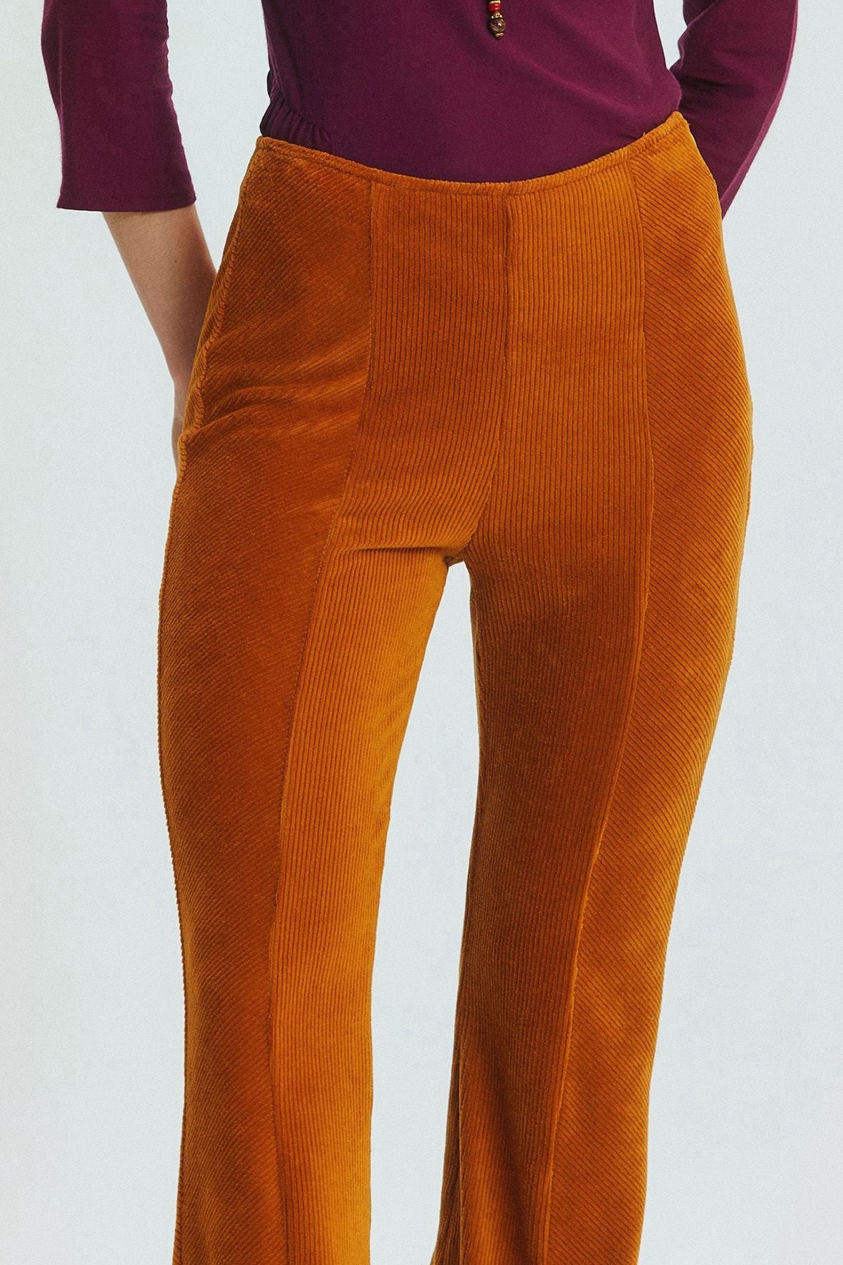 Flared Leg Knit Corduroy Women's Trousers Camel