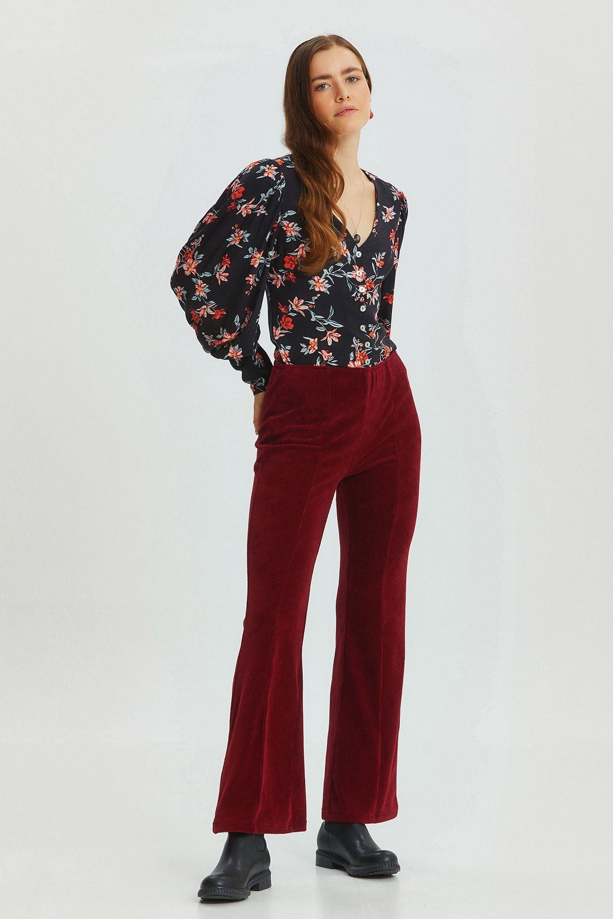 Flared Leg Knit Corduroy Women's Trousers Dark Red